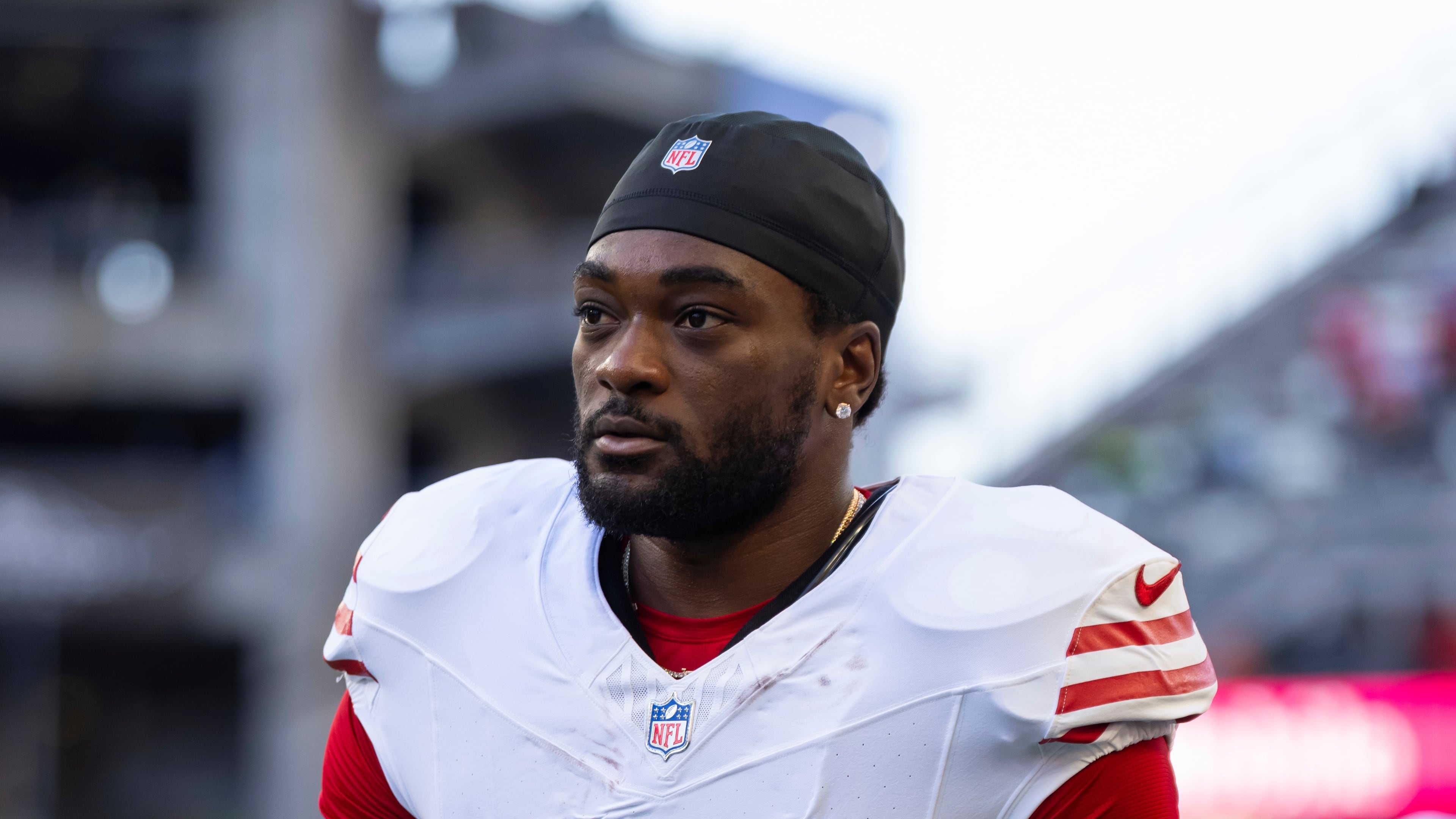 FILE - San Francisco 49ers wide receiver Brandon Aiyuk (11) walks of the field before an NFL football game against the Seattle Seahawks on Oct. 10, 2024 in Seattle. (AP Photo/Ben VanHouten, File)