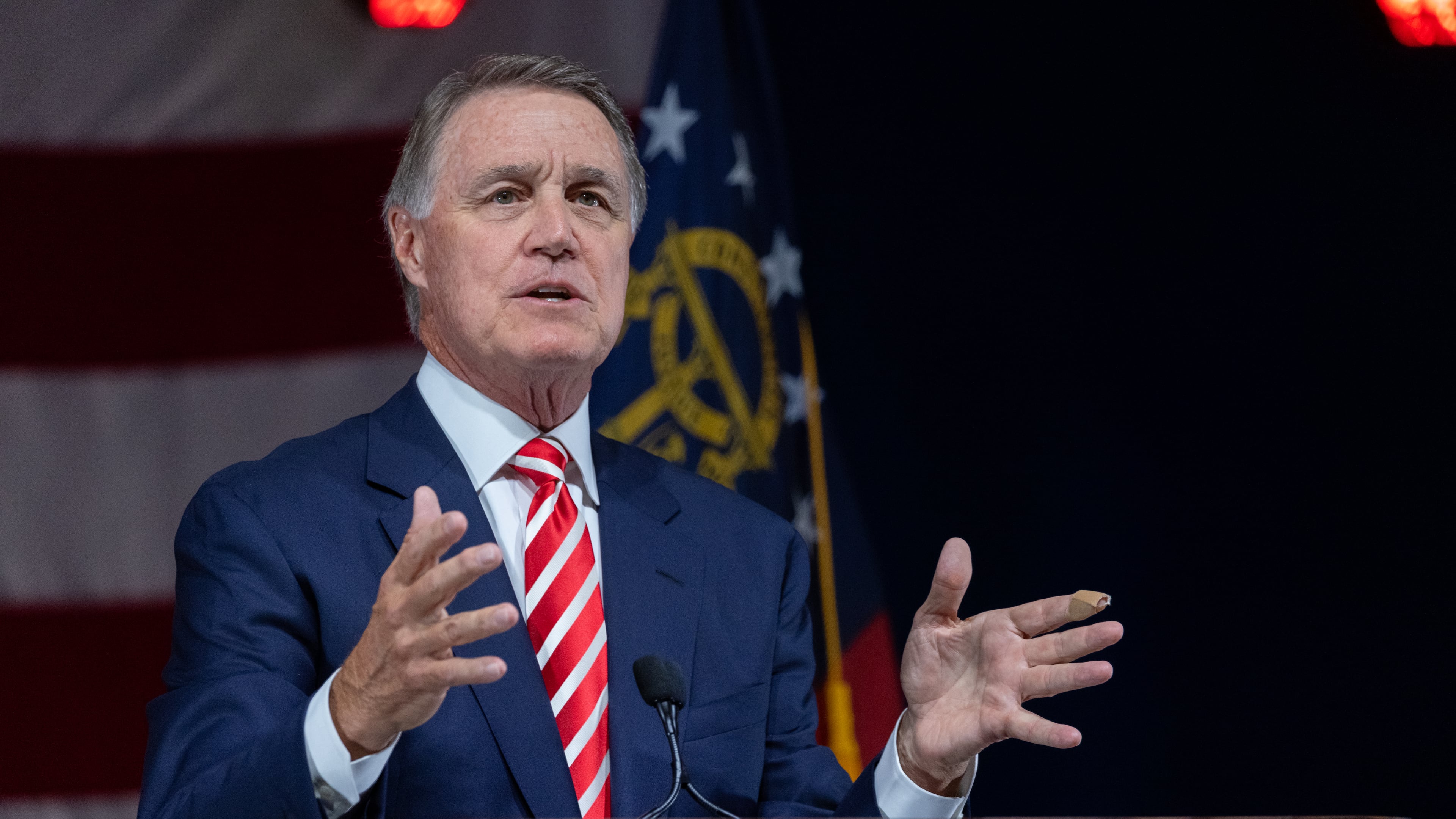 Former Senator David Perdue (R-GA) speaks at the Georgia GOP State Convention in Jekyll Island, Georgia on June 5th, 2021. Nathan Posner for the Atlanta-Journal-Constitution