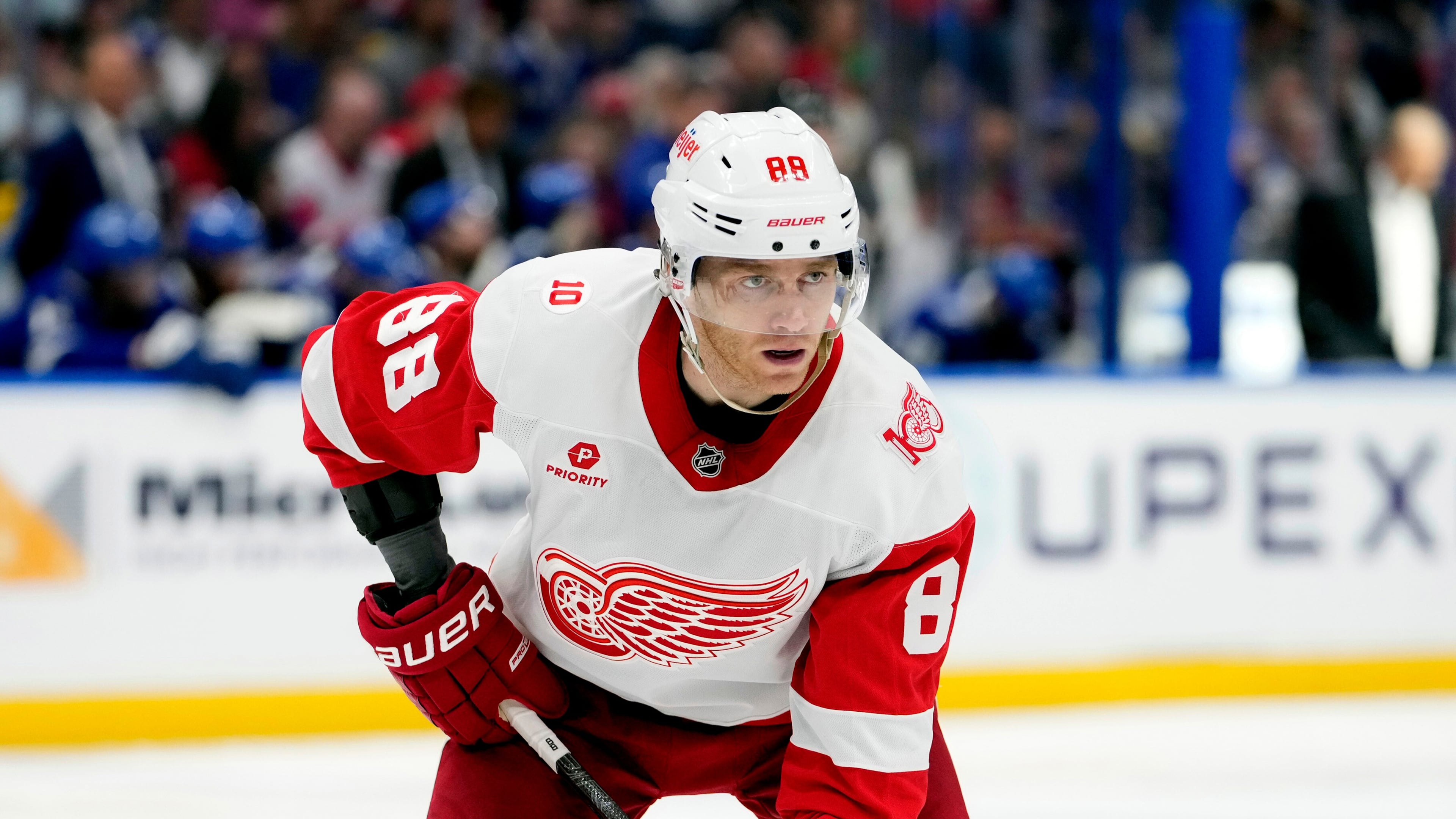 FILE - Detroit Red Wings right wing Patrick Kane (88) against the Tampa Bay Lightning during the third period of an NHL hockey game Monday, April 13, 2026, in Tampa, Fla. (AP Photo/Chris O'Meara,File)