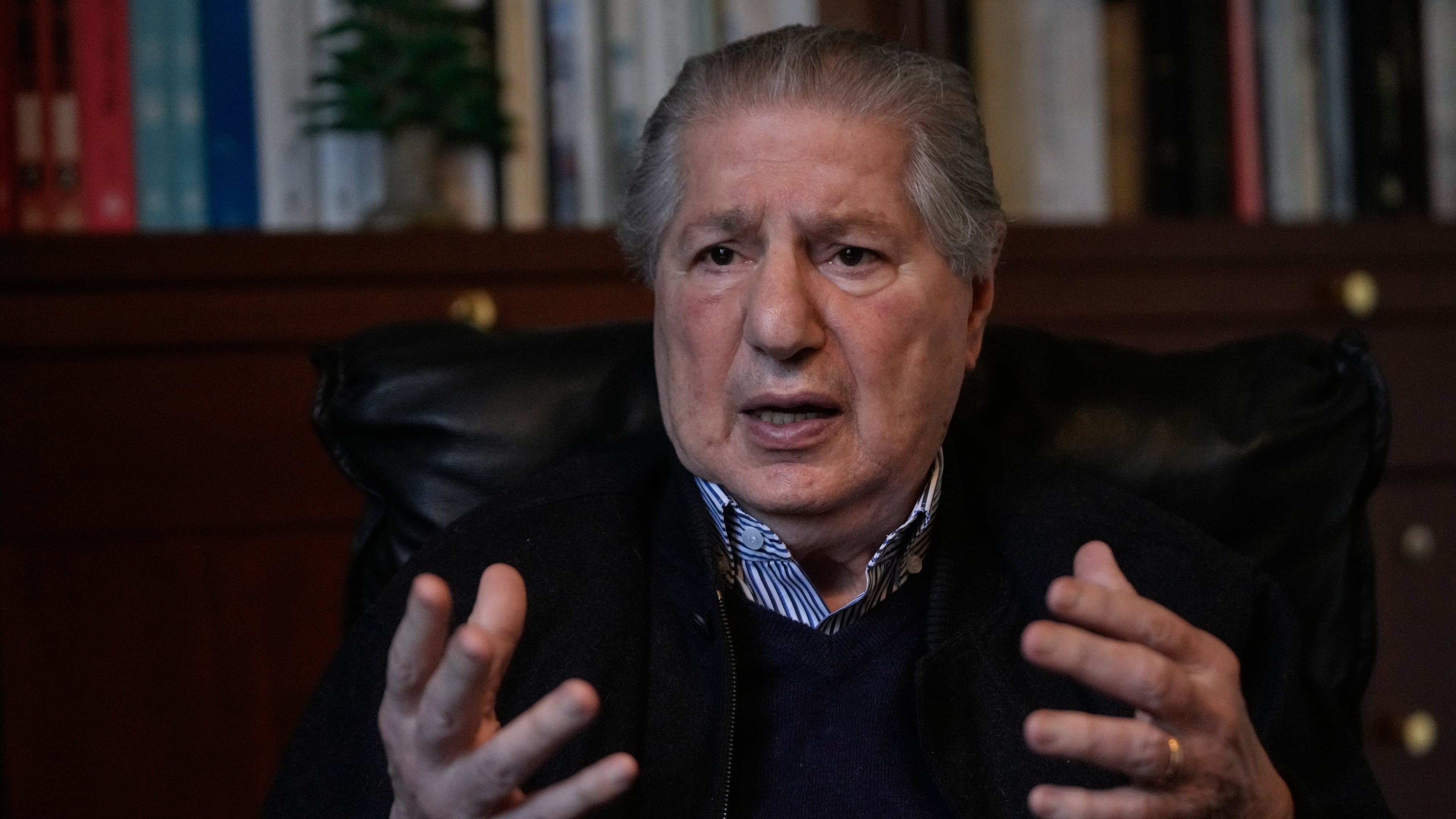 Former Lebanese President Amin Gemayel speaks during an interview with the Associated Press, in Bikfaya, Lebanon, Wednesday, April 29, 2026. (AP Photo/Hussein Malla)