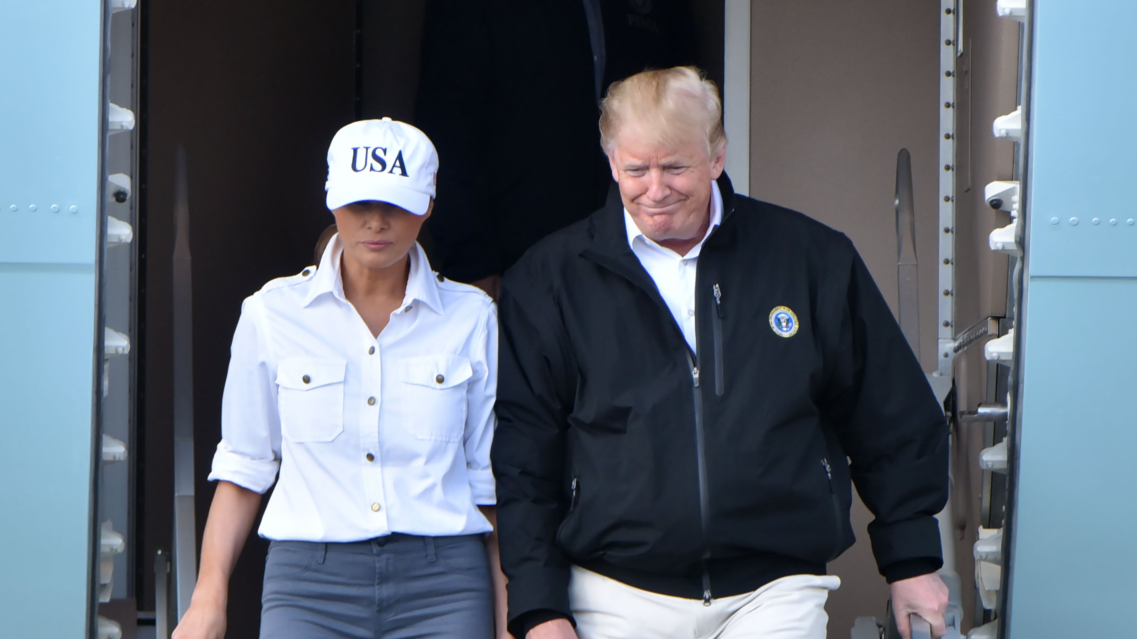 President Donald Trump and First Lady Melania Trump arrive at Robins Air Force Base on Monday October 15, 2018. HYOSUB SHIN / HSHIN@AJC.COM