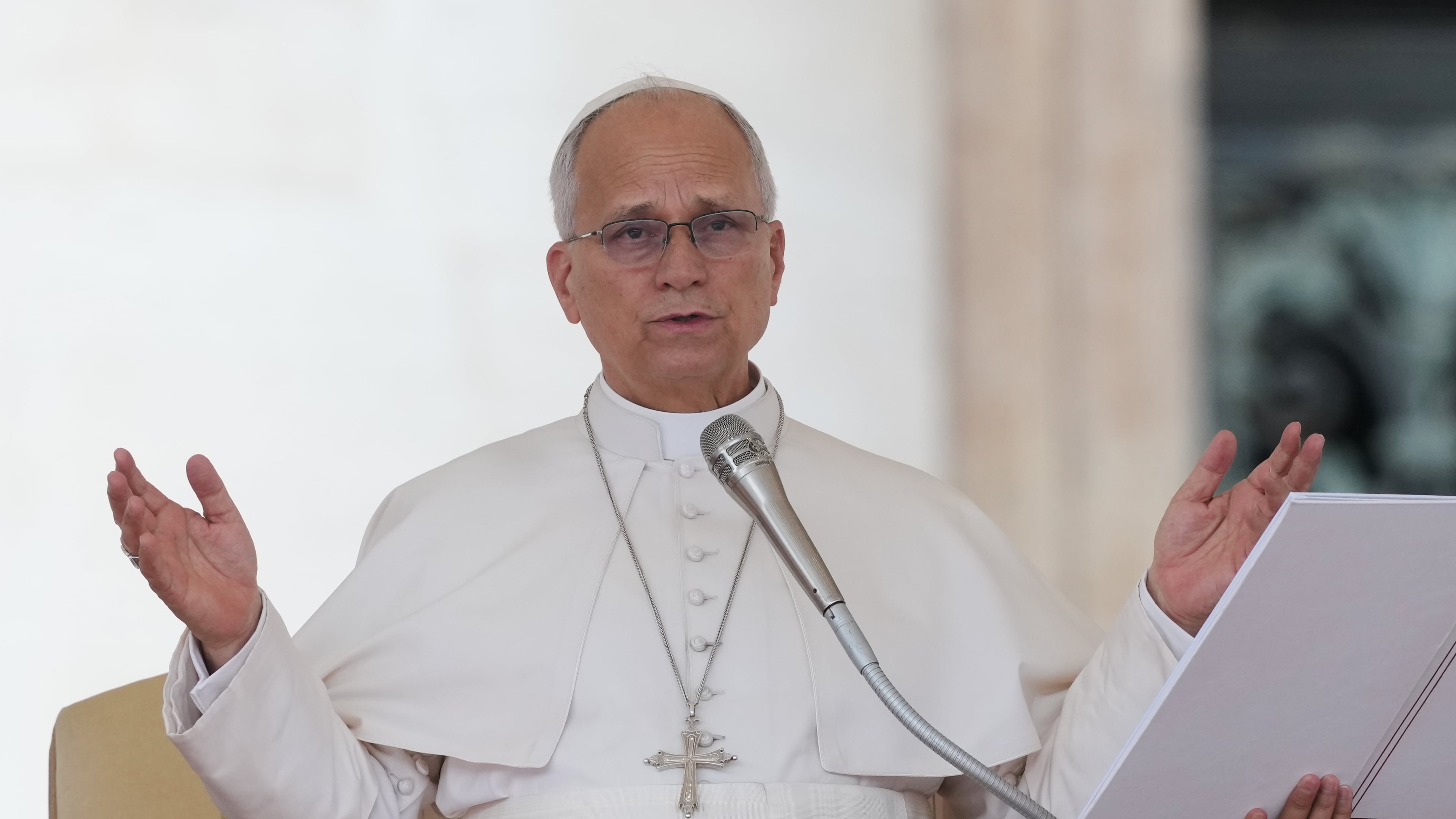 Pope Leo XIV holds his weekly general audience in St. Peter's Square at The Vatican, Wednesday, Sept.9, 2026. (AP Photo/Andrew Medichini)