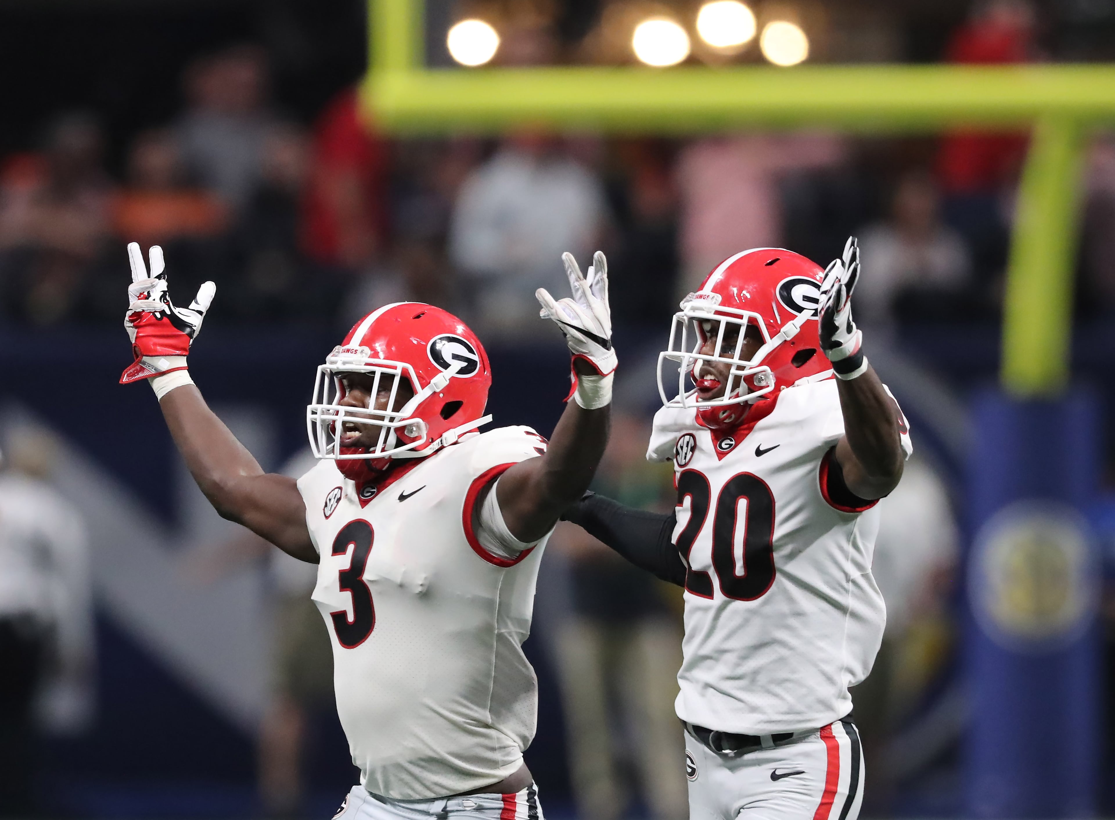 December 2, 2017 Atlanta: Georgia Bulldogs linebacker Roquan Smith (3) leads the defense in a celebration after recovering an Auburn Tigers fumble during the second half of the SEC Football Championship at Mercedes-Benz Stadium, December 2, 2017, in Atlanta. Curtis Compton / ccompton@ajc.com