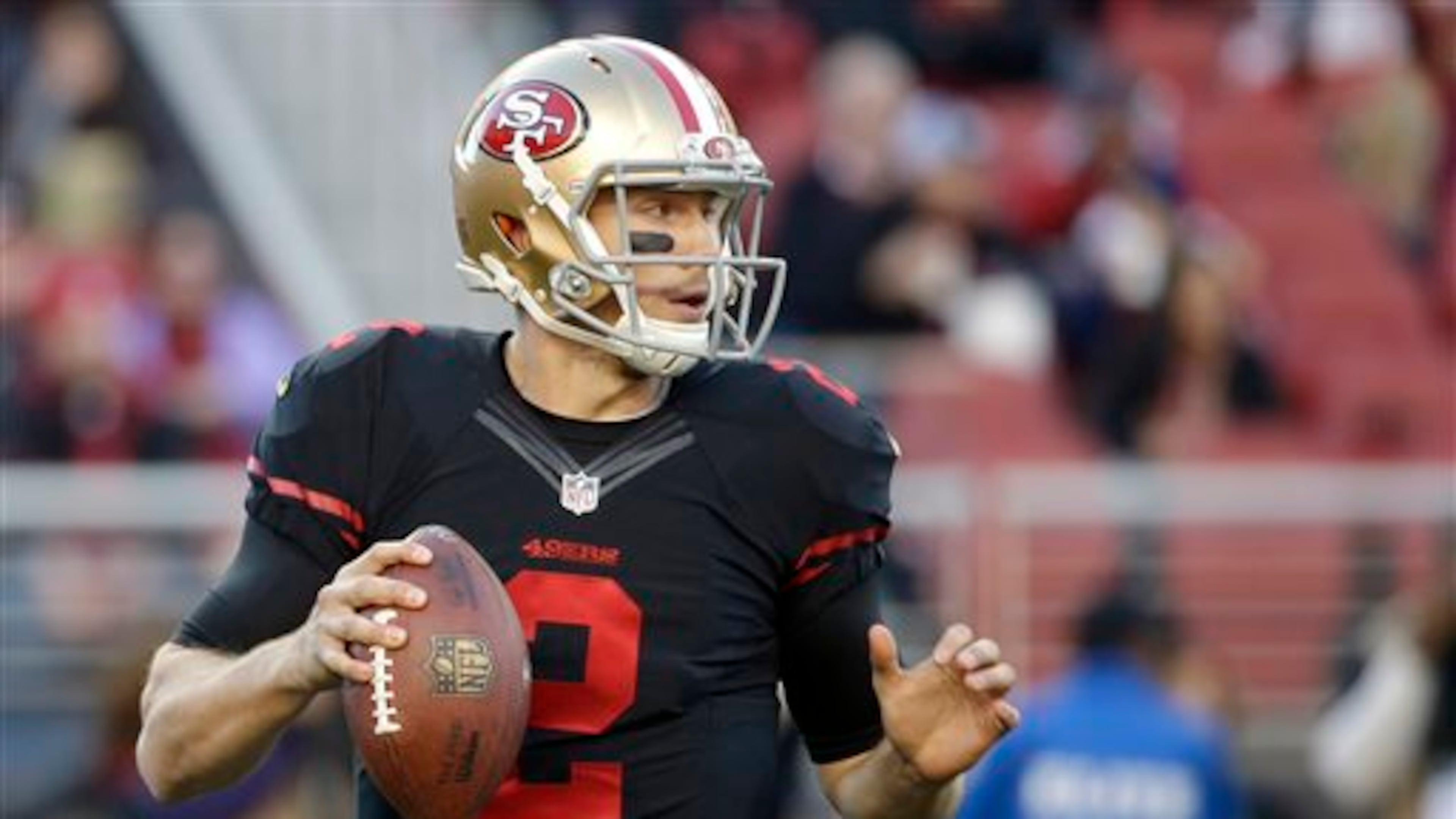 FILE - In this Nov. 29, 2015 file photo, San Francisco 49ers quarterback Blaine Gabbert drops back to pass against the Arizona Cardinals during an NFL football game in Santa Clara, Calif. The 49ers travel to Chicago to face the Chicago Bears on Sunday, Dec. 6. The 49ers have dropped two in a row after their 19-13 loss to Arizona and still have not won a road game. (AP Photo/Marcio Jose Sanchez, File)