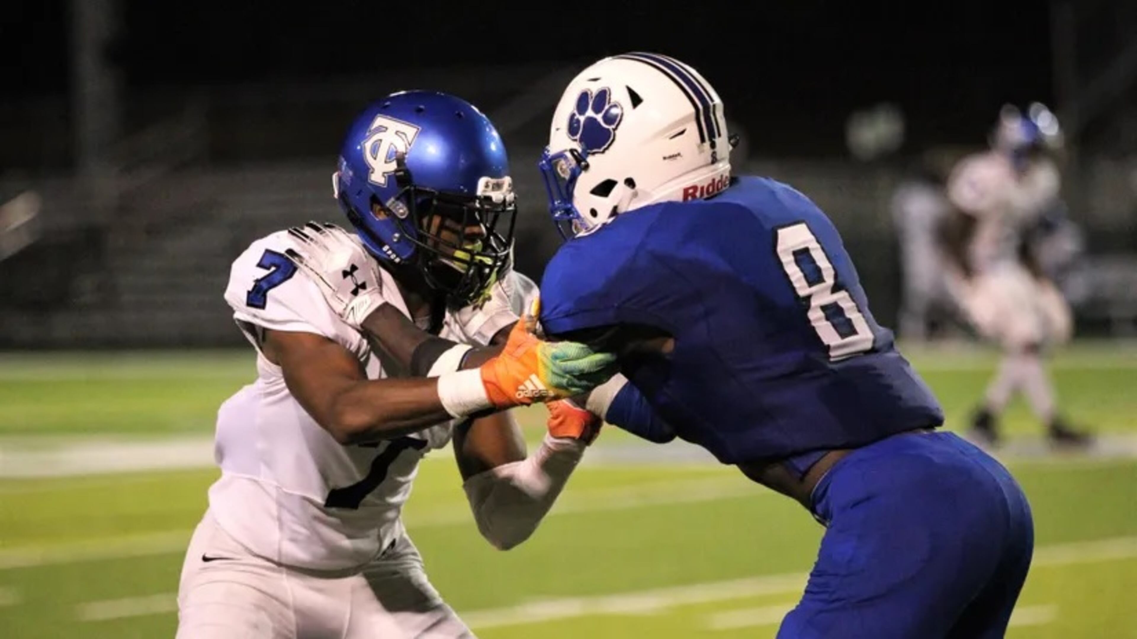 Georgia Tech signee Miles Brooks (left) was rated a top-300 prospect in the country (247Sports Composite) in the 2020 class. Brooks played for Trinity Christian Academy of Jacksonville, Fla., and in this photo happened to be tangled with fellow Tech signee Avery Boyd, a wide receiver at Godby High in Tallahassee, Fla. (Tallahassee Democrat)