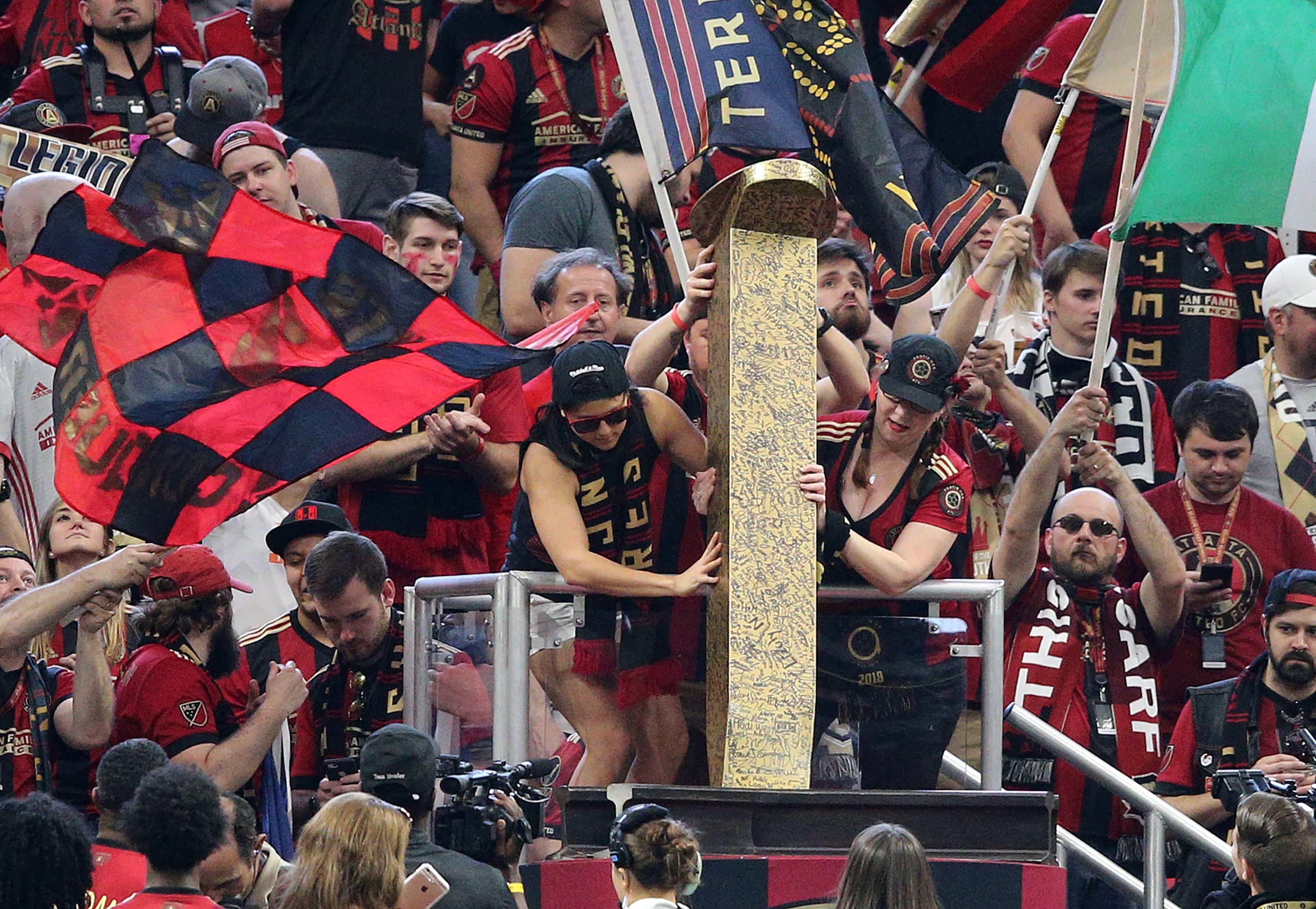April 28, 2018 Atlanta: The gold spike arrives for the Atlanta United match against the Montreal Impact during a MLS soccer game on Saturday, April 28, 2018, in Atlanta. Curtis Compton/ccompton@ajc.com