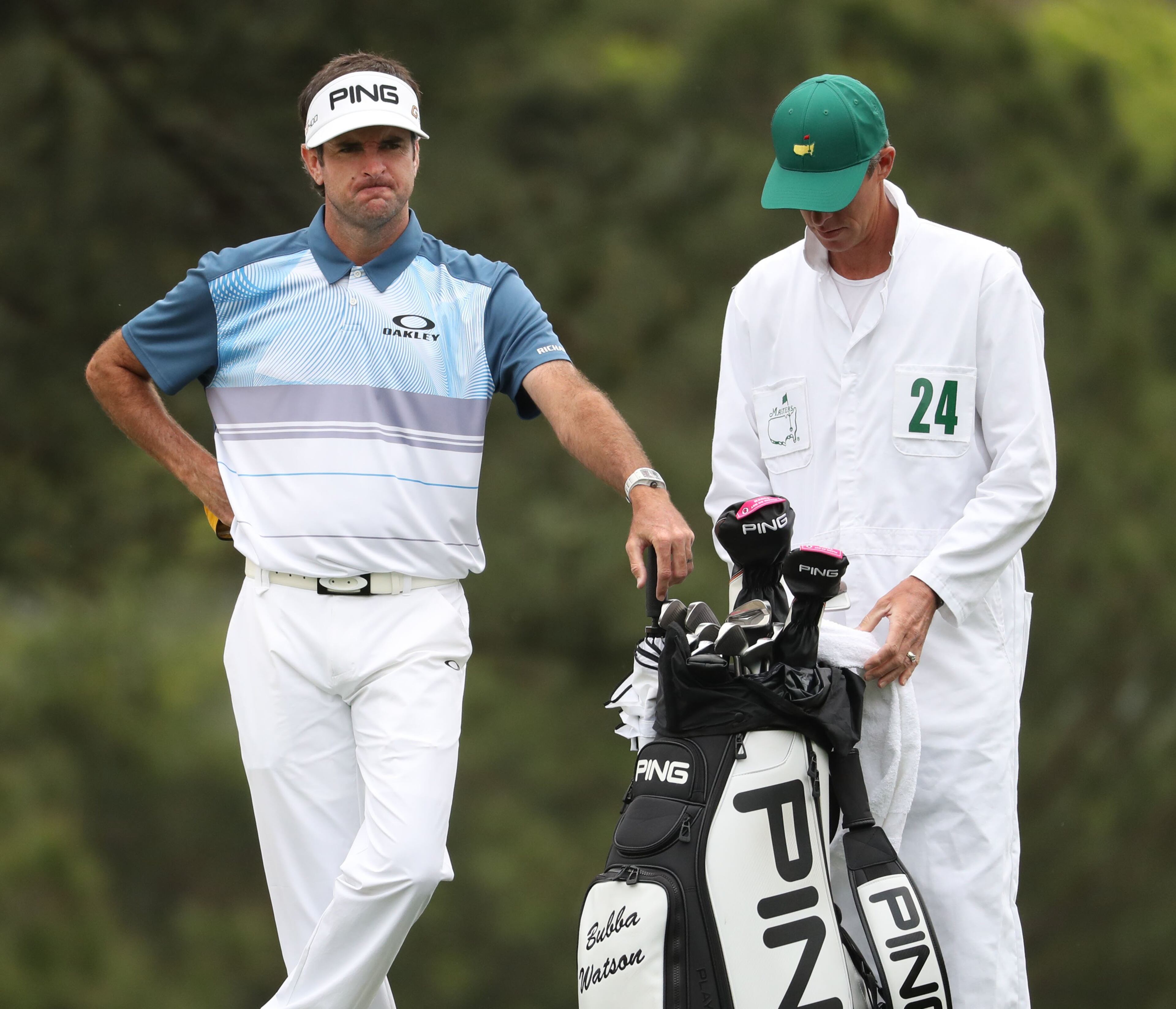 April 7, 2018 - Augusta, Ga: Bubba Watson waits to make his fairway shot on one during the third round of the Masters Tournament Saturday, April 7, 2018, at Augusta National Golf Club. PHOTO / JASON GETZ