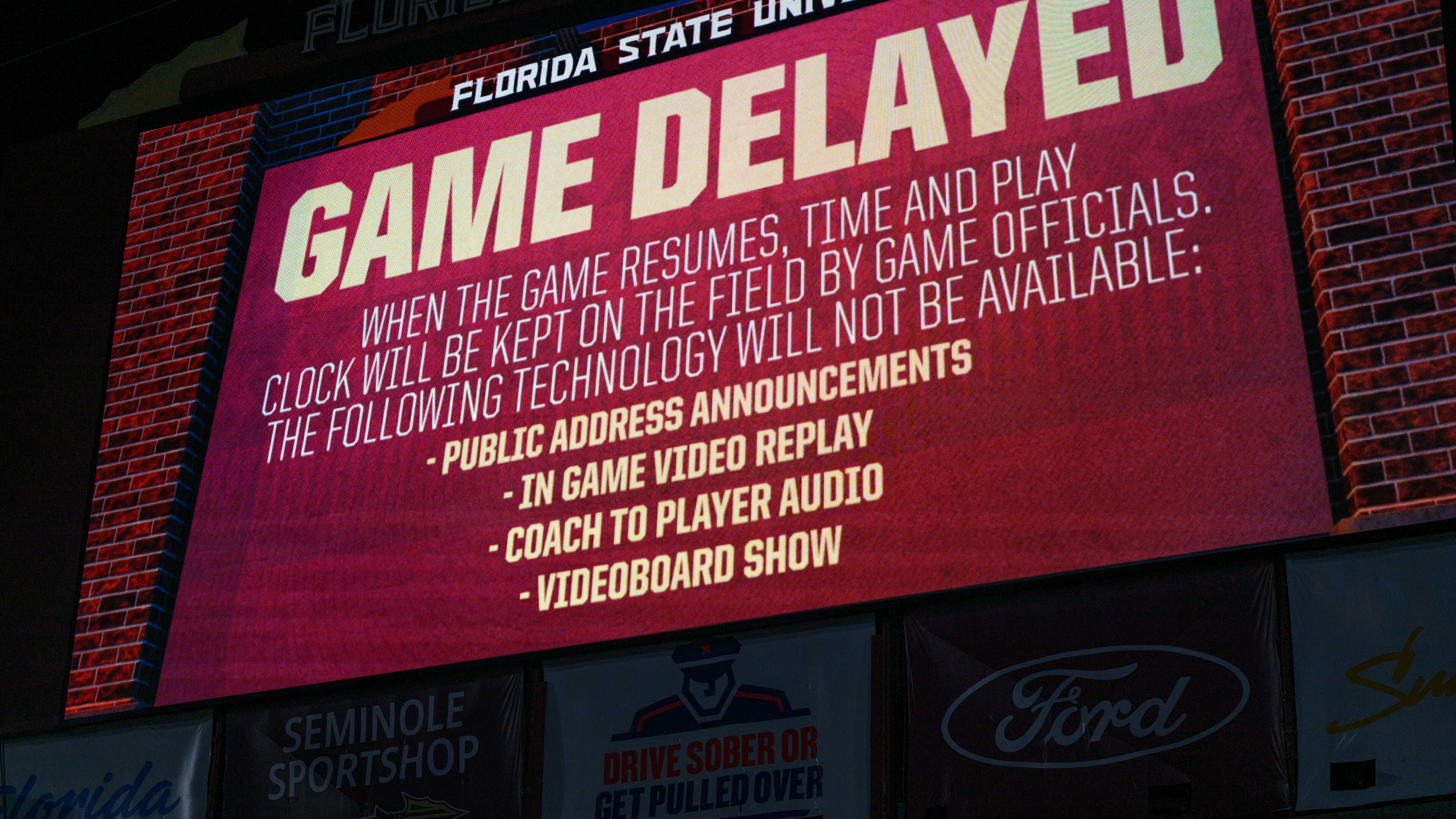 Florida State's scoreboard shows a delay message due to a blackout before an NCAA college football game against SMU, Monday, Sept. 7, 2026, in Tallahassee, Fla. (AP Photo/Noah Lantor)