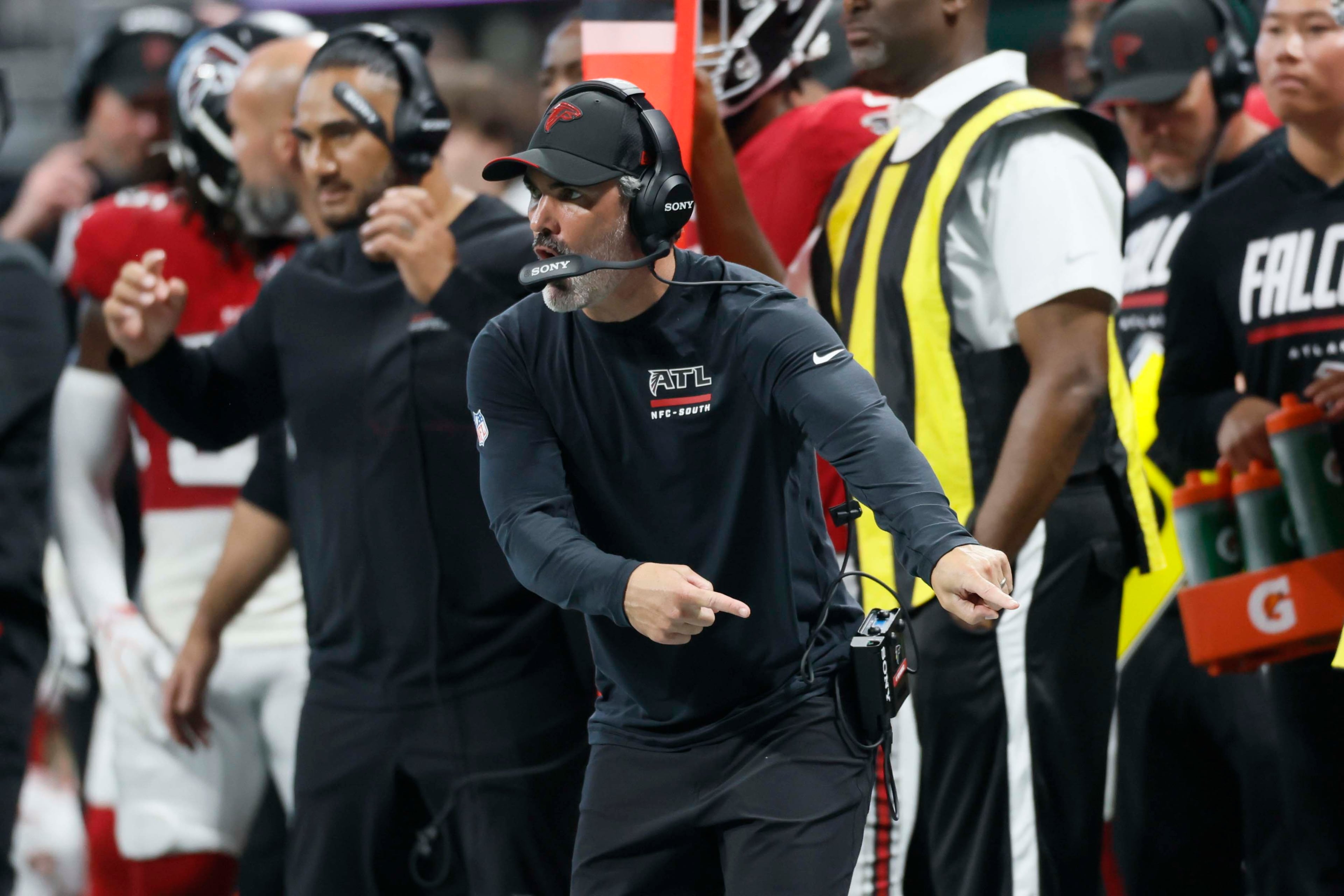Atlanta Falcons head coach Kevin Stefanski gives directions during the second half of an NFL football game against the Carolina Panthers at Mercedes-Benz Stadium in Atlanta on Sunday, Sept. 20, 2026. (Miguel Martinez/AJC)