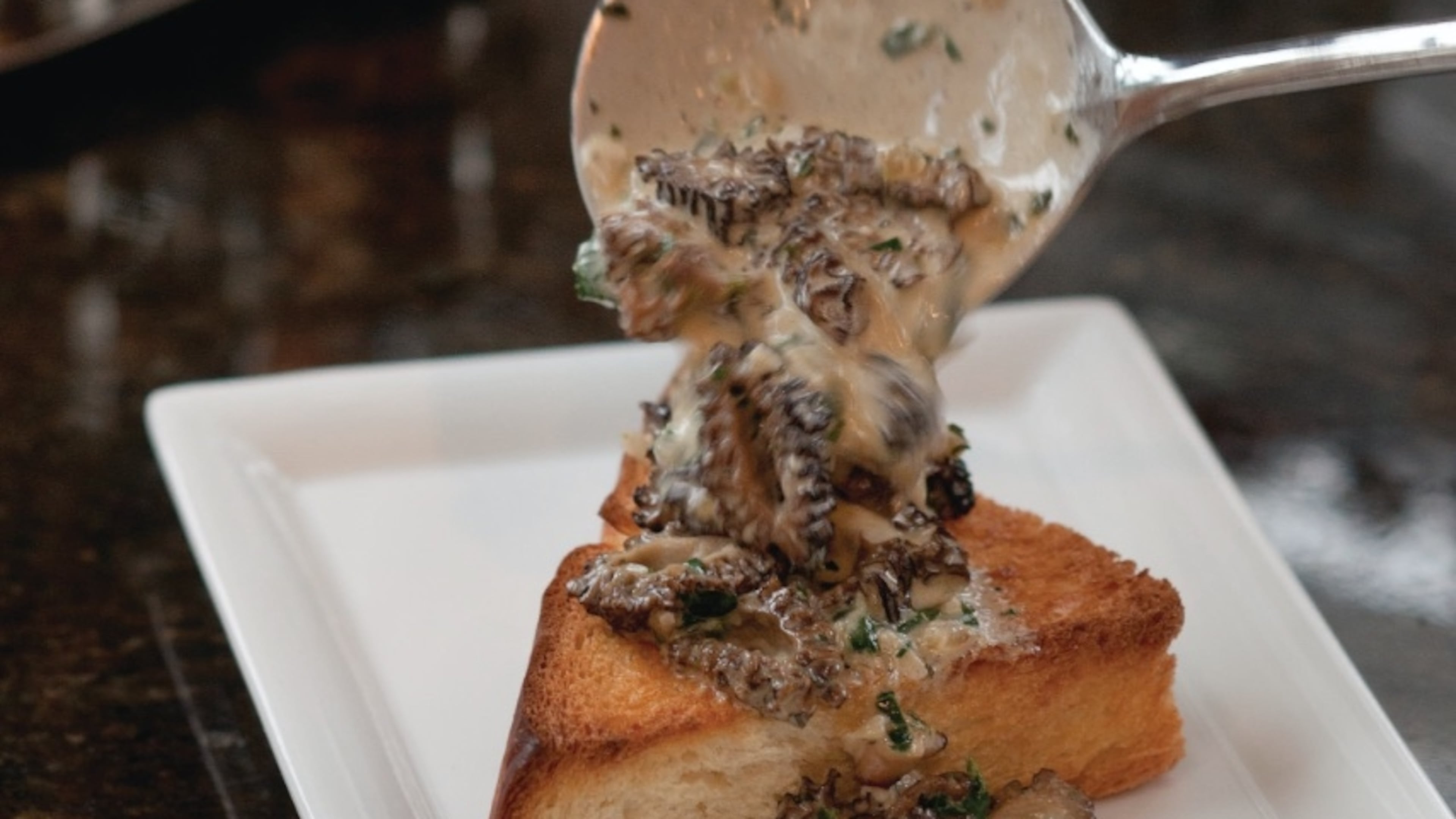 It might be hard to find fresh morels this time of year. So we used dried morels to re-create Becky Selengut’s brioche toast points. (Courtesy of Clare Barboza)