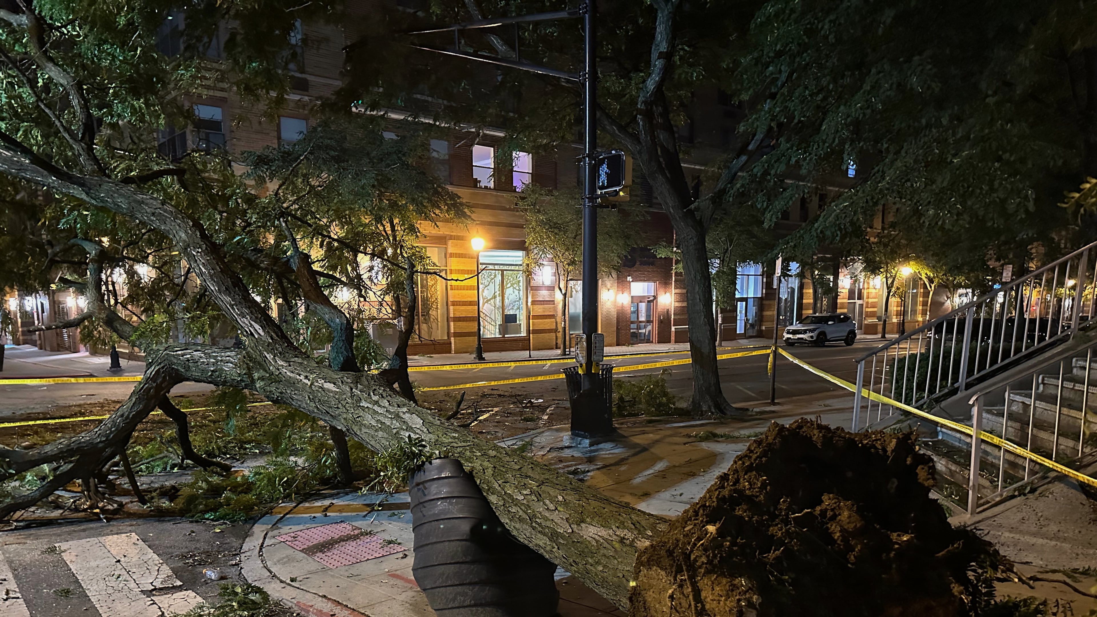 A tree ripped from the ground by a severe storm is surrounded by police tape in Hoboken, N.J., early Saturday, July 4, 2026. (AP Photo/Larry Neumeister)