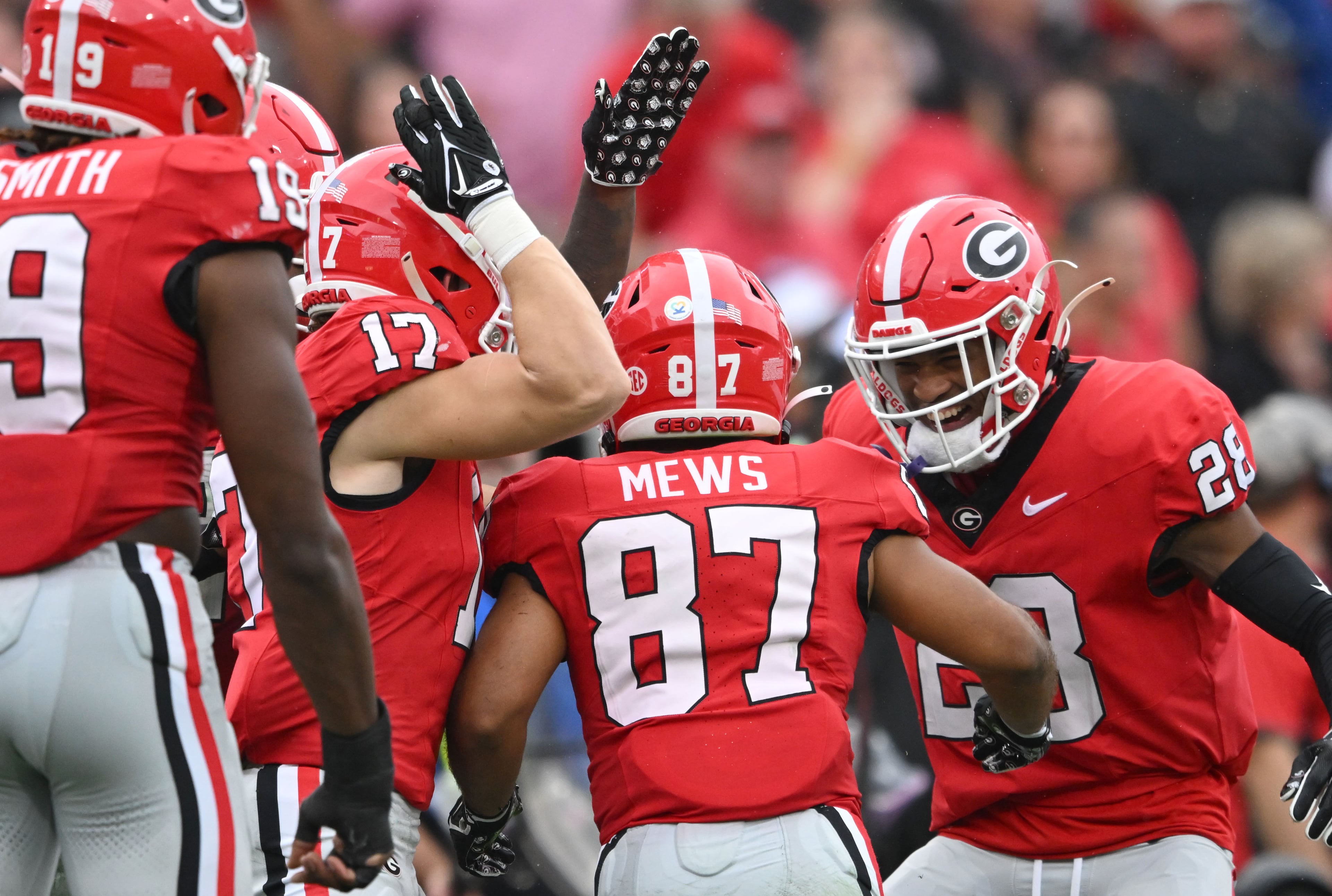 Georgia's wide receiver Mekhi Mews (87) celebrates with teammates during the second half in an NCAA football game at Sanford Stadium, Saturday, September 16, 2023, in Athens. Georgia won 24 - 14 over South Carolina. (Hyosub Shin / Hyosub.Shin@ajc.com)