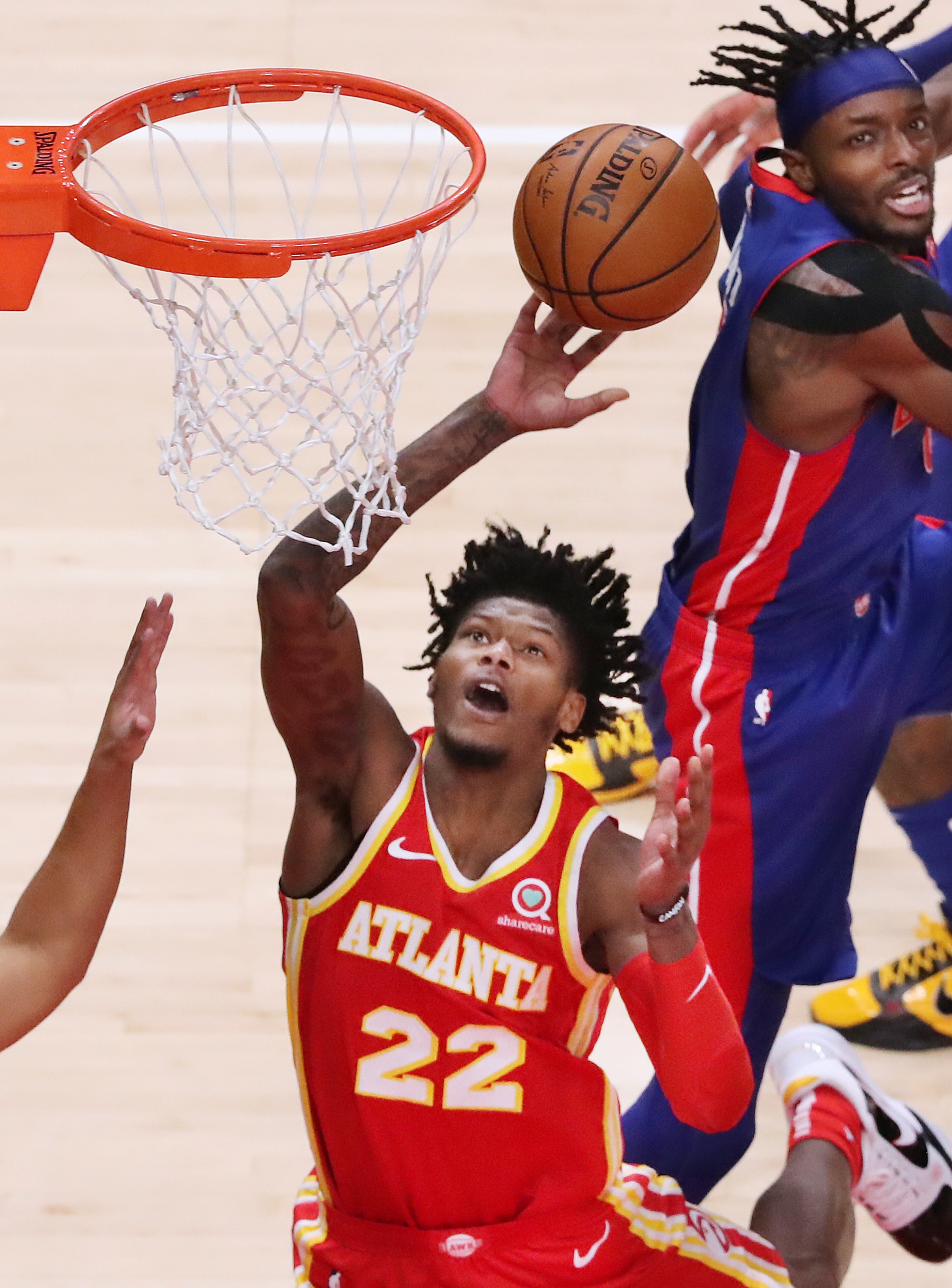 Hawks forward Cam Reddish goes to the basket for 2 against the Detroit Pistons during a 128-120 victory in NBA basketball game on Monday, Dec. 28, 2020, in Atlanta. “Curtis Compton / Curtis.Compton@ajc.com”