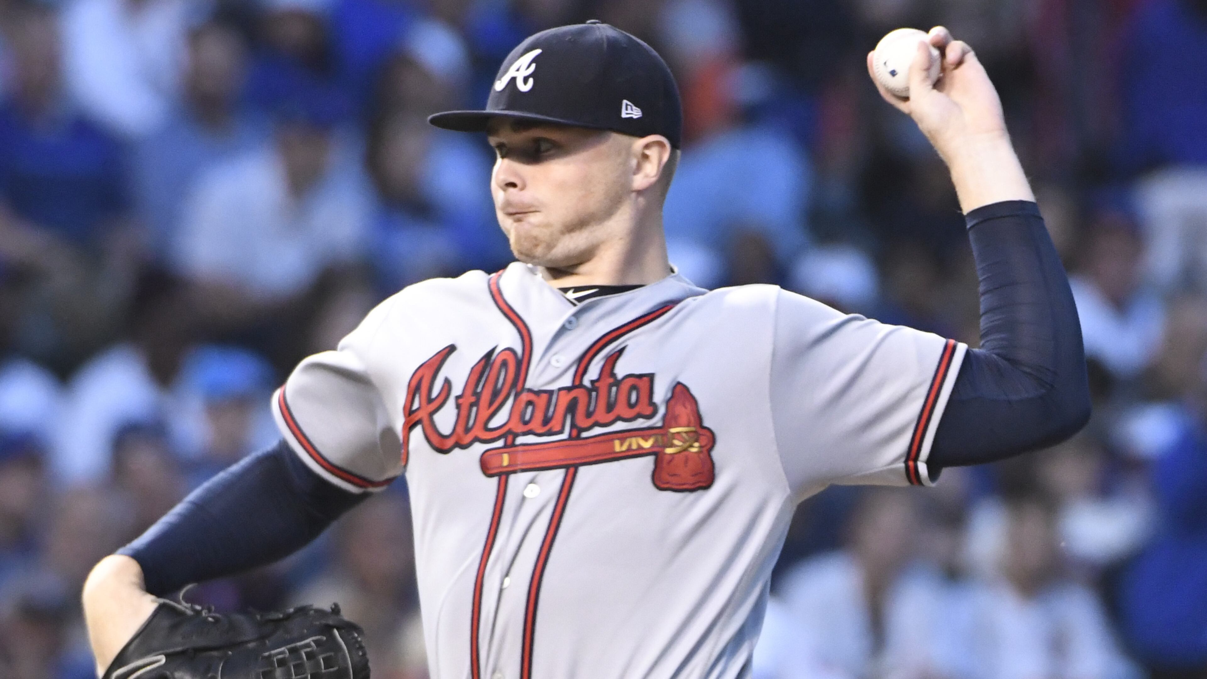 Sean Newcomb of the Braves pitches against the Chicago Cubs on August 31, 2017 at Wrigley Field. (Photo by David Banks/Getty Images)