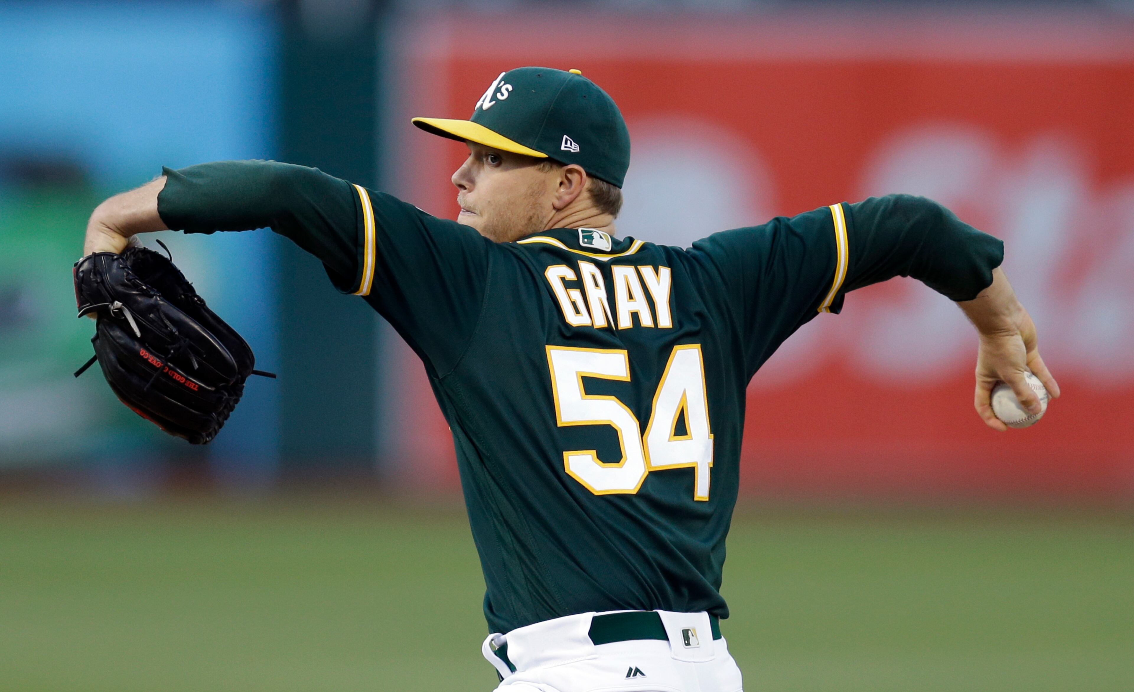 Oakland Athletics pitcher Sonny Gray works against the Atlanta Braves during the first inning of a baseball game Friday, June 30, 2017, in Oakland, Calif. (AP Photo/Ben Margot)