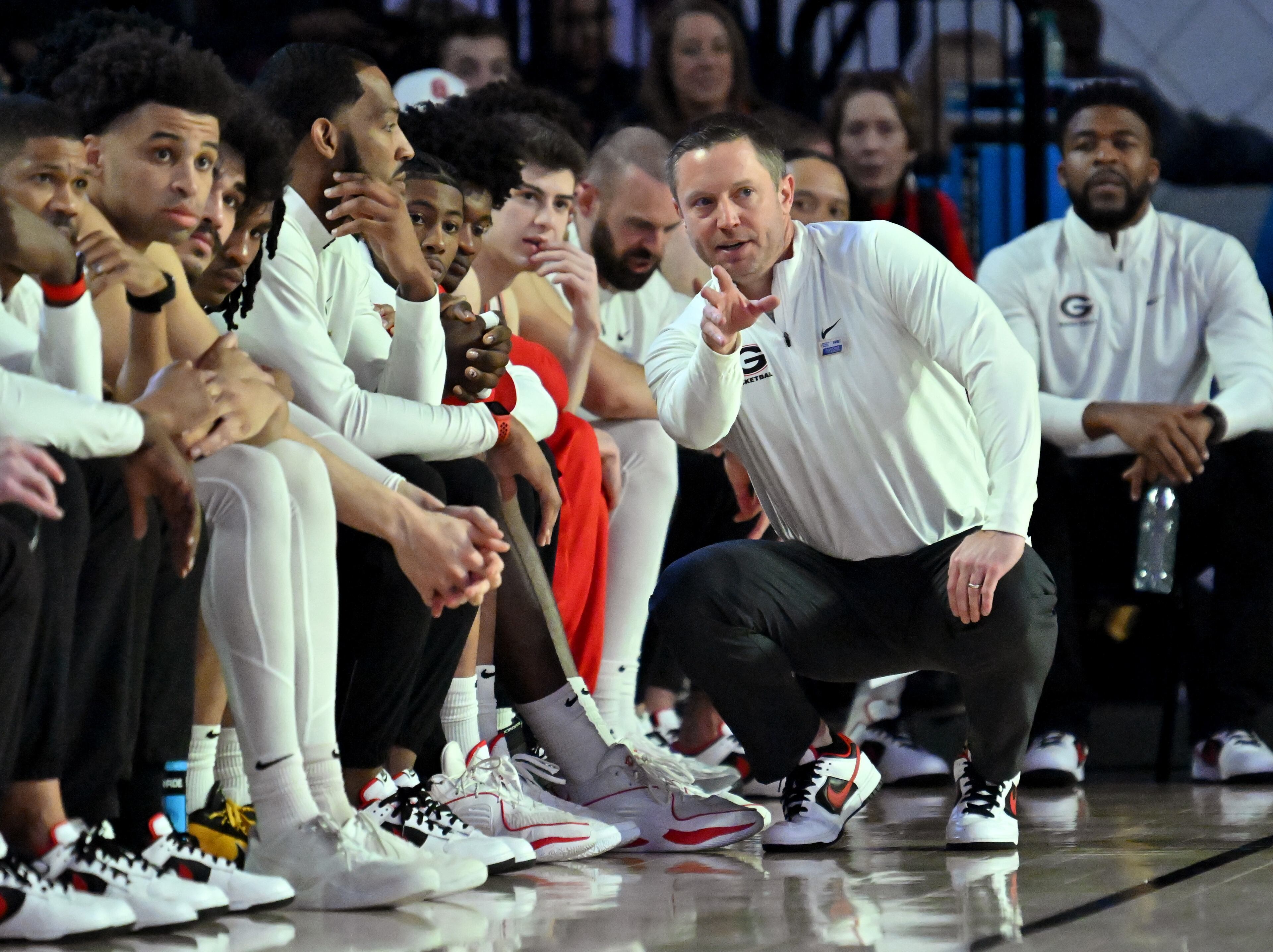 Georgia head coach Mike White instructs during the first half of an NCAA college basketball game at Stegeman Coliseum, Wednesday, January 24, 2024, in Athens. (Hyosub Shin / Hyosub.Shin@ajc.com)