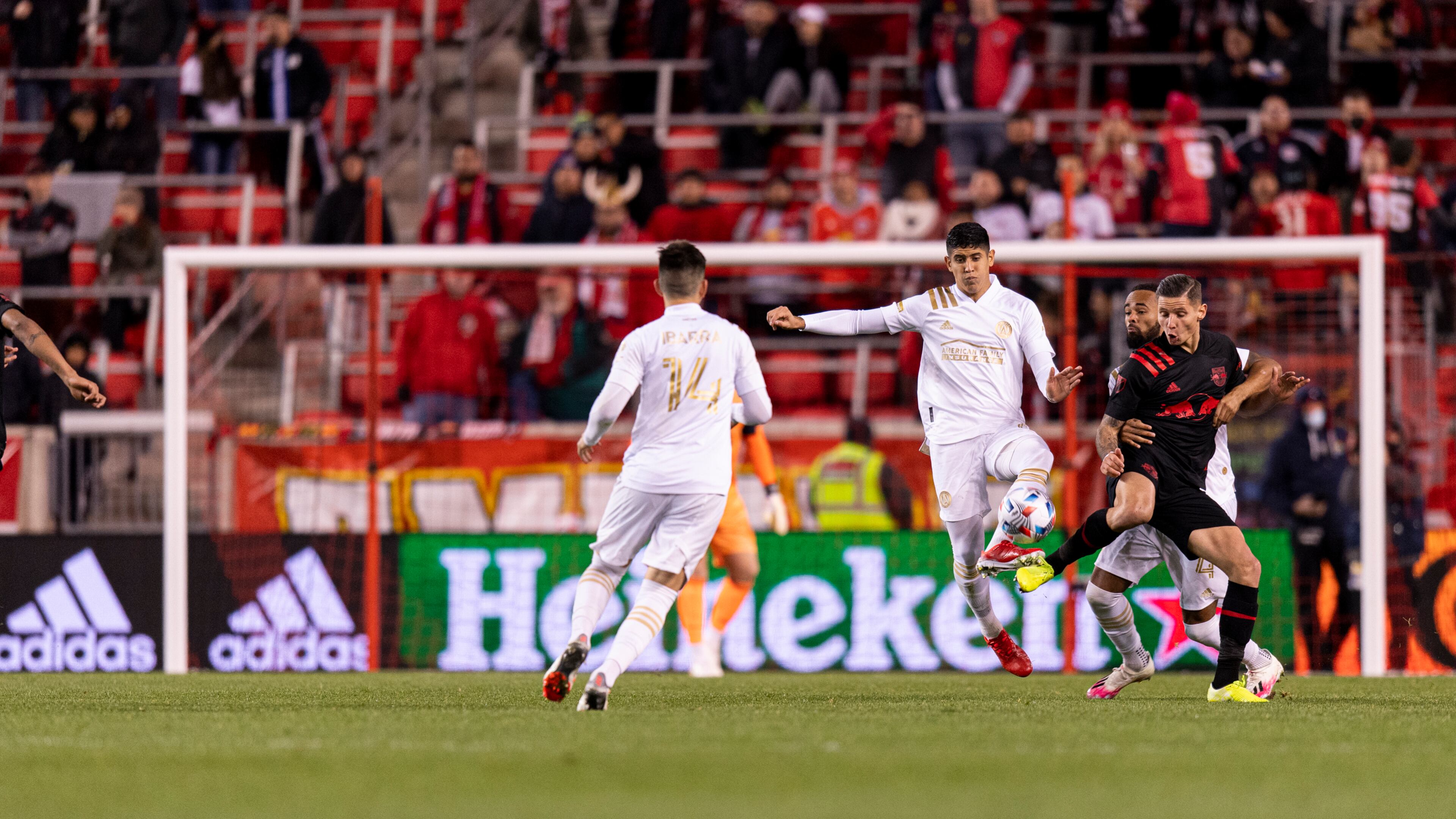 Atlanta United defender Alan Franco #6 challenges the ball during the match against New York Red Bulls at Red Bull Arena in Harrison, New Jersey on Wednesday November 3, 2021. (Photo by Jacob Gonzalez/Atlanta United)