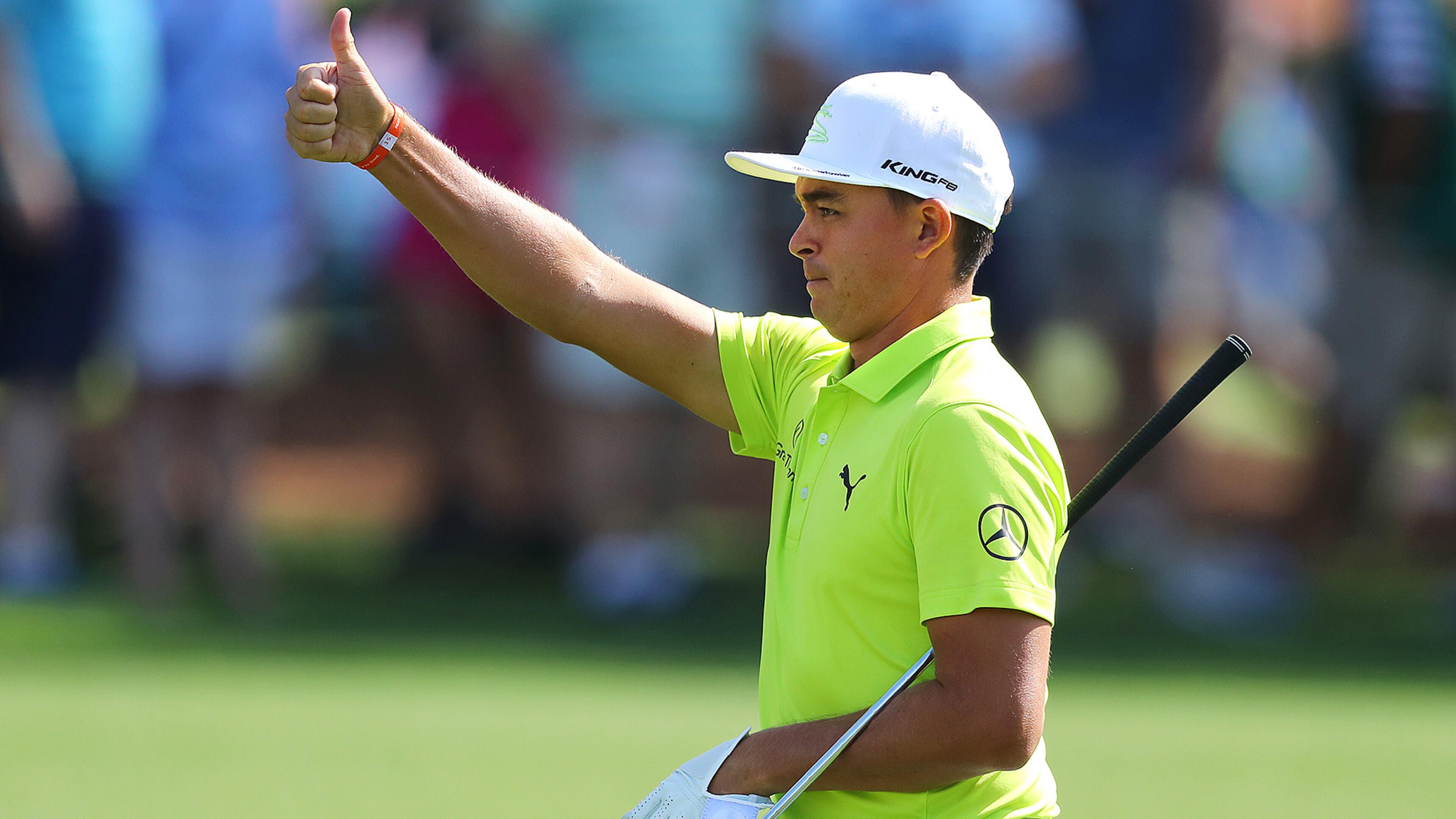 Rickie Fowler gives the gallery a thumbs up hitting his fairway shot close to the cup on the third hole on his way to a birdie during his practice round for the Masters at Augusta National Golf Club on Monday, April 2, 2018, in Augusta. Curtis Compton/ccompton@ajc.com