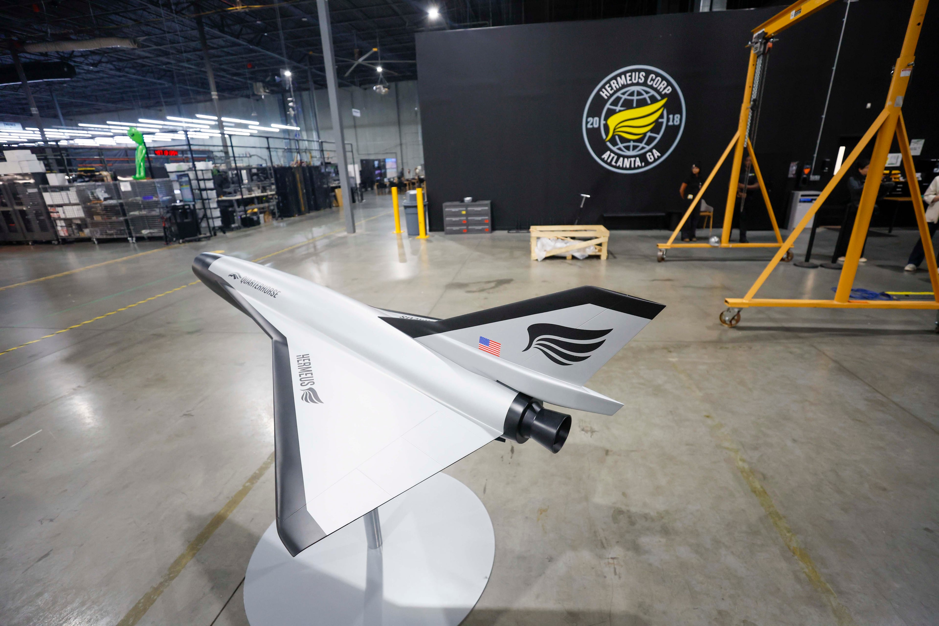 A small-scale prototype of the unmanned, high-speed aircraft Quarterhorse Mk 2 is seen at the Hermeus facility in Doraville on Tuesday, May 12, 2026. The supersonic company moved its headquarters to California, but its planes will still be manufactured in Georgia. (Miguel Martinez/AJC)