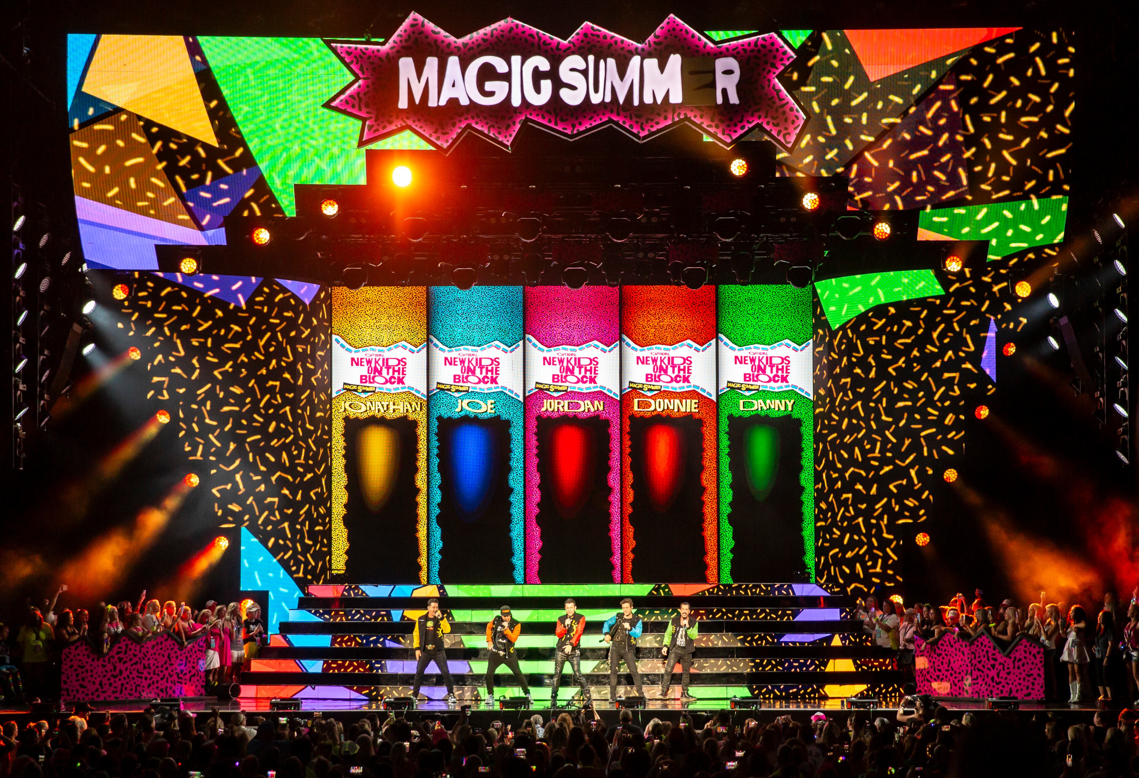 New Kids on the Block cranked out the hits to a packed house of neon clad fans at Ameris Bank Amphitheatre in Alpharetta on Friday, July 26, 2024. (RYAN FLEISHER FOR THE ATLANTA JOURNAL-CONSTITUTION)