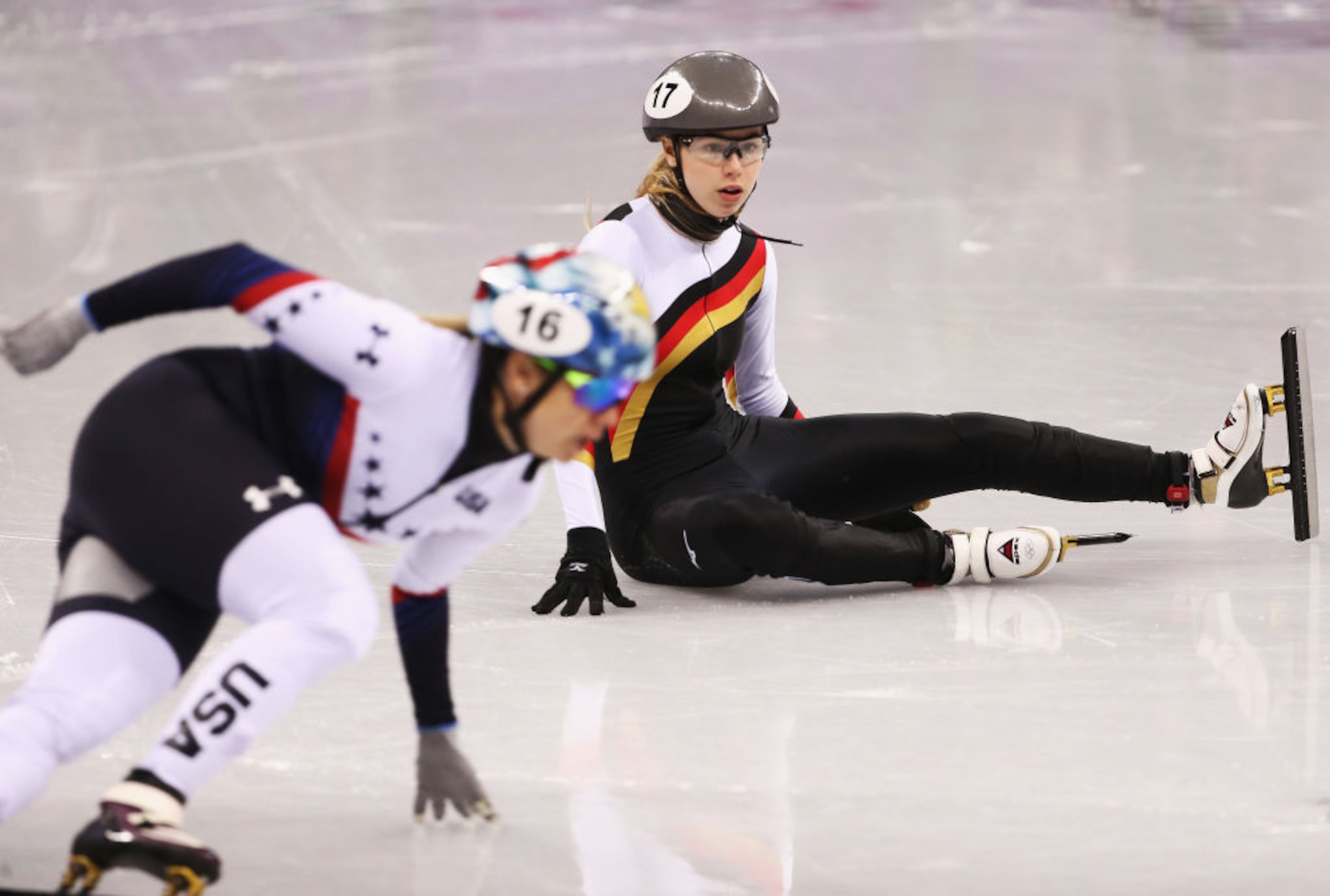 GANGNEUNG, SOUTH KOREA - FEBRUARY 17: Anna Seidel of Germany falls during the Short Track Speed Skating Ladies' 1500m heats on day eight of the PyeongChang 2018 Winter Olympic Games at Gangneung Ice Arena on February 17, 2018 in Gangneung, South Korea. (Photo by Jamie Squire/Getty Images)