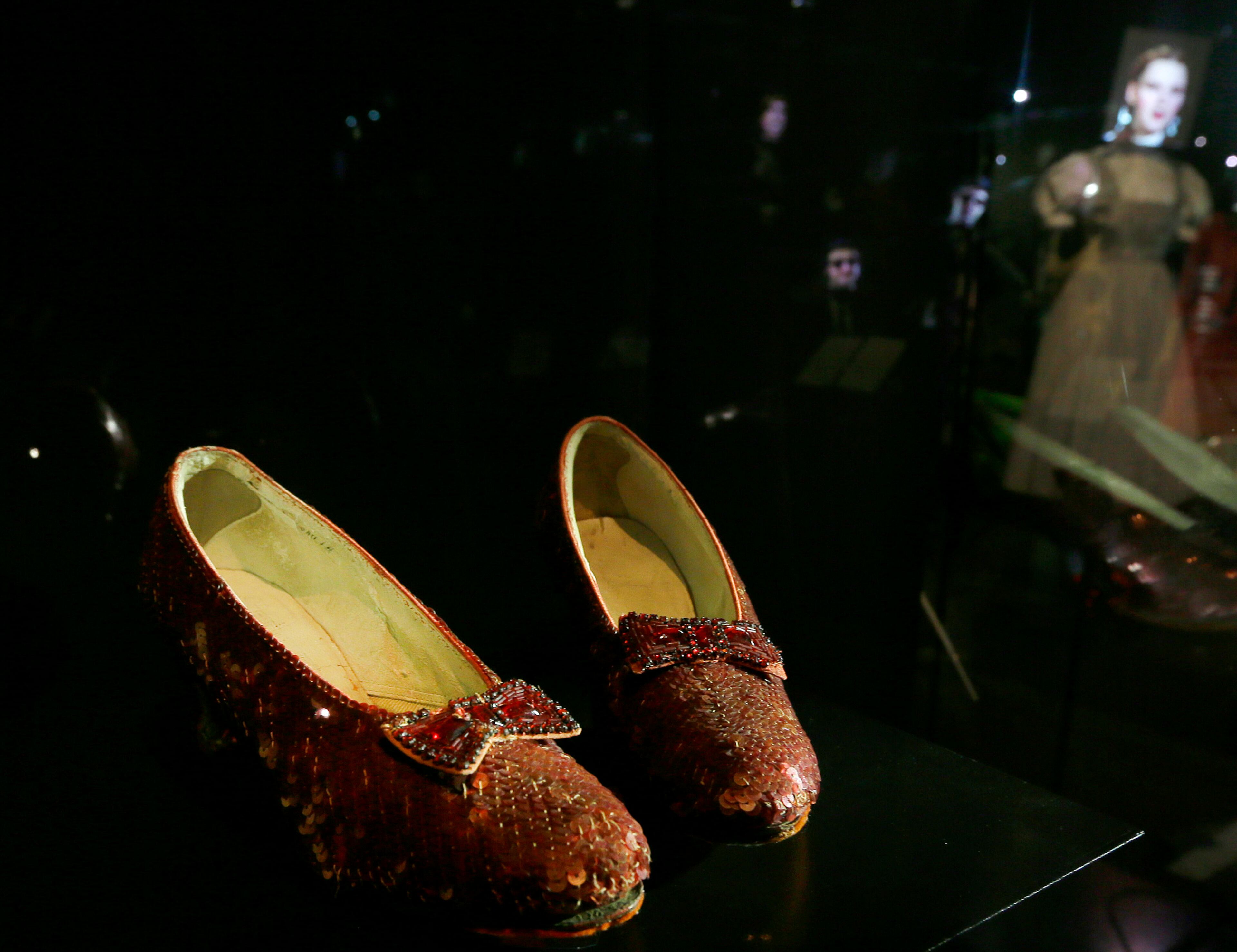 One of the four original pairs of 'Ruby Slippers' worn by Judy Garland playing Dorothy from the iconic 1939 Wizard of Oz film. The slippers are on loan from the Smithsonian National Museum of American History and are on display till Nov. 18.