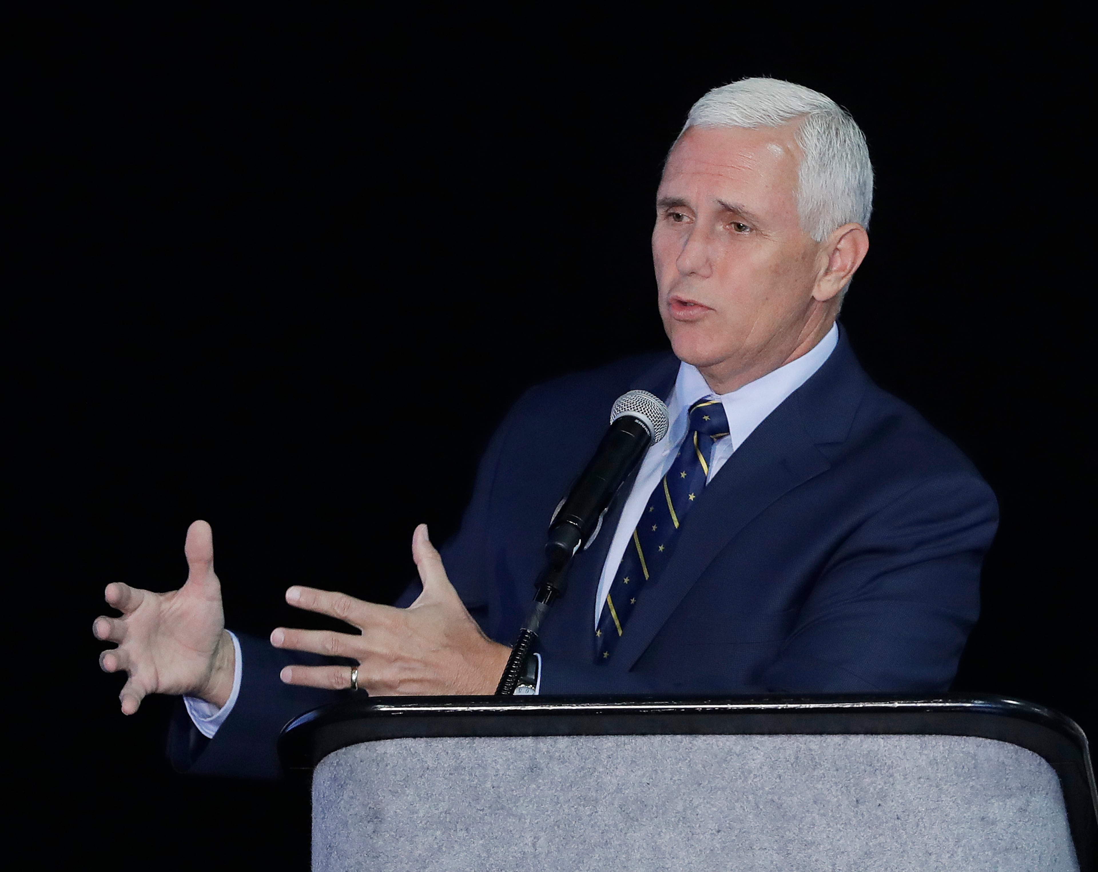 Indiana Gov. Mike Pence speaks during the Innovation Showcase, Thursday, July 14, 2016, in Indianapolis. (AP Photo/Darron Cummings)