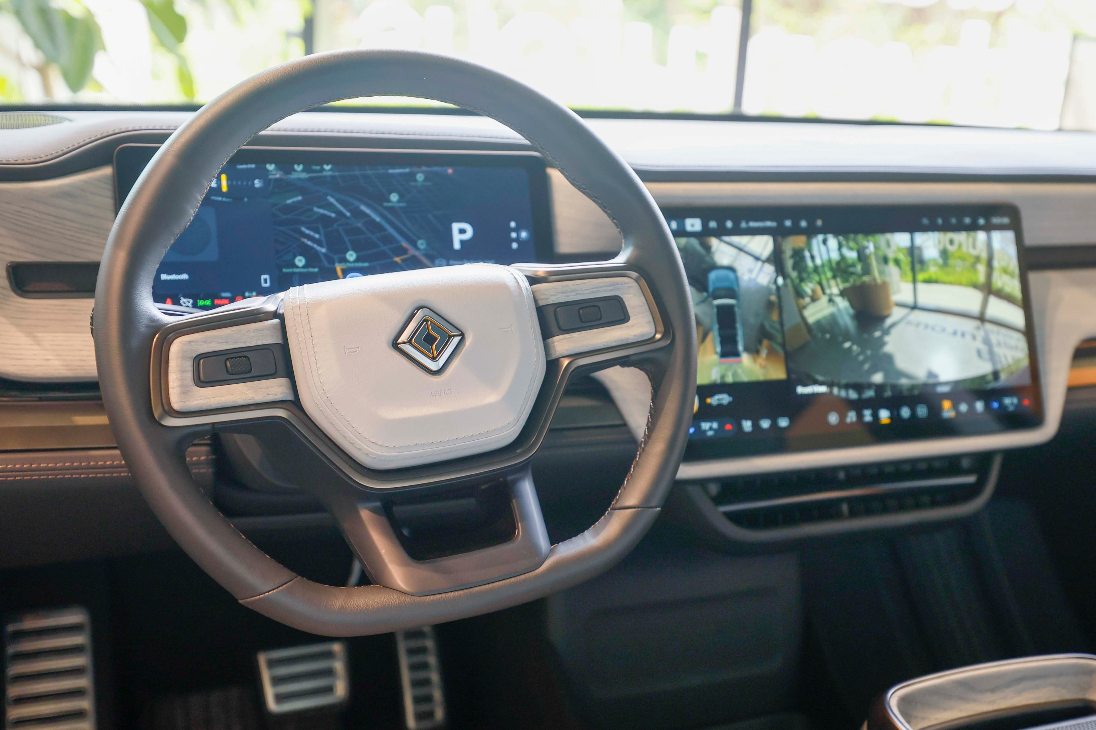 The inside of a Rivian R1S model is shown at Rivian’s headquarters in Atlanta. (Miguel Martinez/AJC)