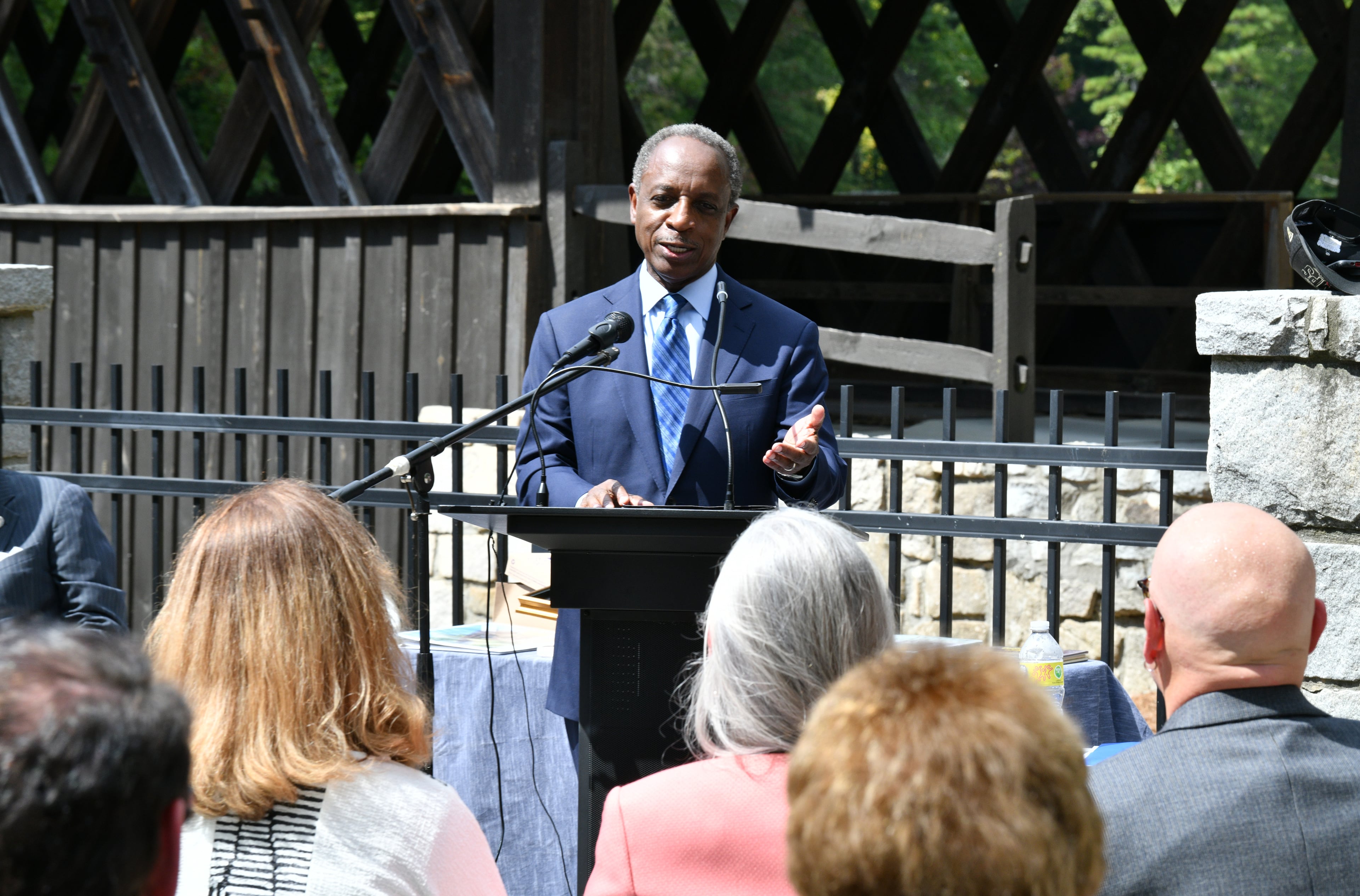 September 16, 2022 Stone Mountain - DeKalb County CEO Michael Thurmond speaks during a ceremony to "Rededicate" a historic covered bridge that was created by Washington W. King, a black bridgebuilder that was the son of freed slaves, at Stone Mountain Park’s Indian Island on Friday, September 16, 2022. This covered bridge is one of only four remaining structures of the many created and constructed by Washington W. King. The King family were prominent African-American businessmen for decades in multiple Georgia cities. (Hyosub Shin / Hyosub.Shin@ajc.com)