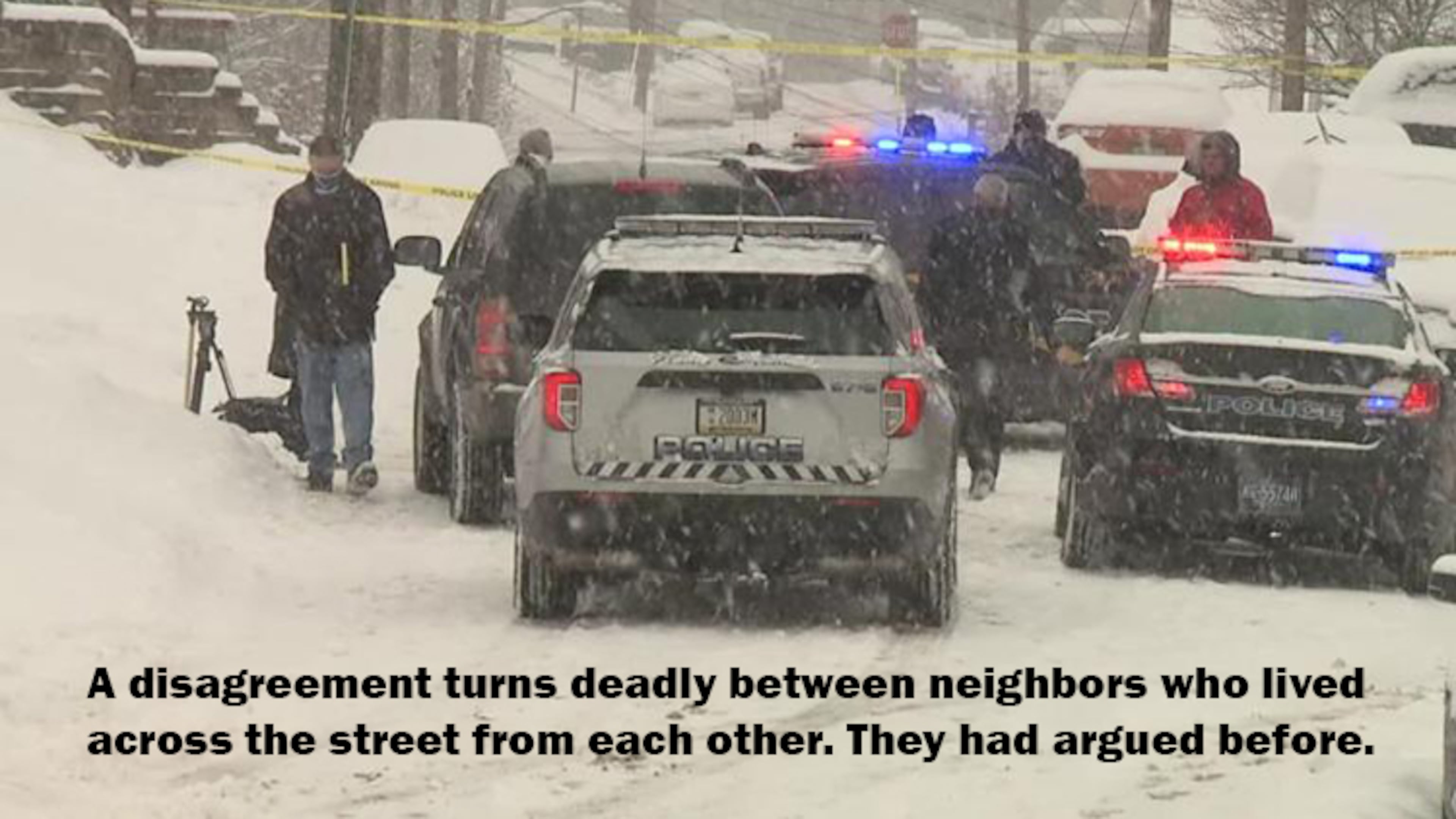 Authorities said James and Lisa Goy were killed Monday after Jeffrey Spaide confronted them for shoveling snow away from their parking spaces and onto his property, reports said.