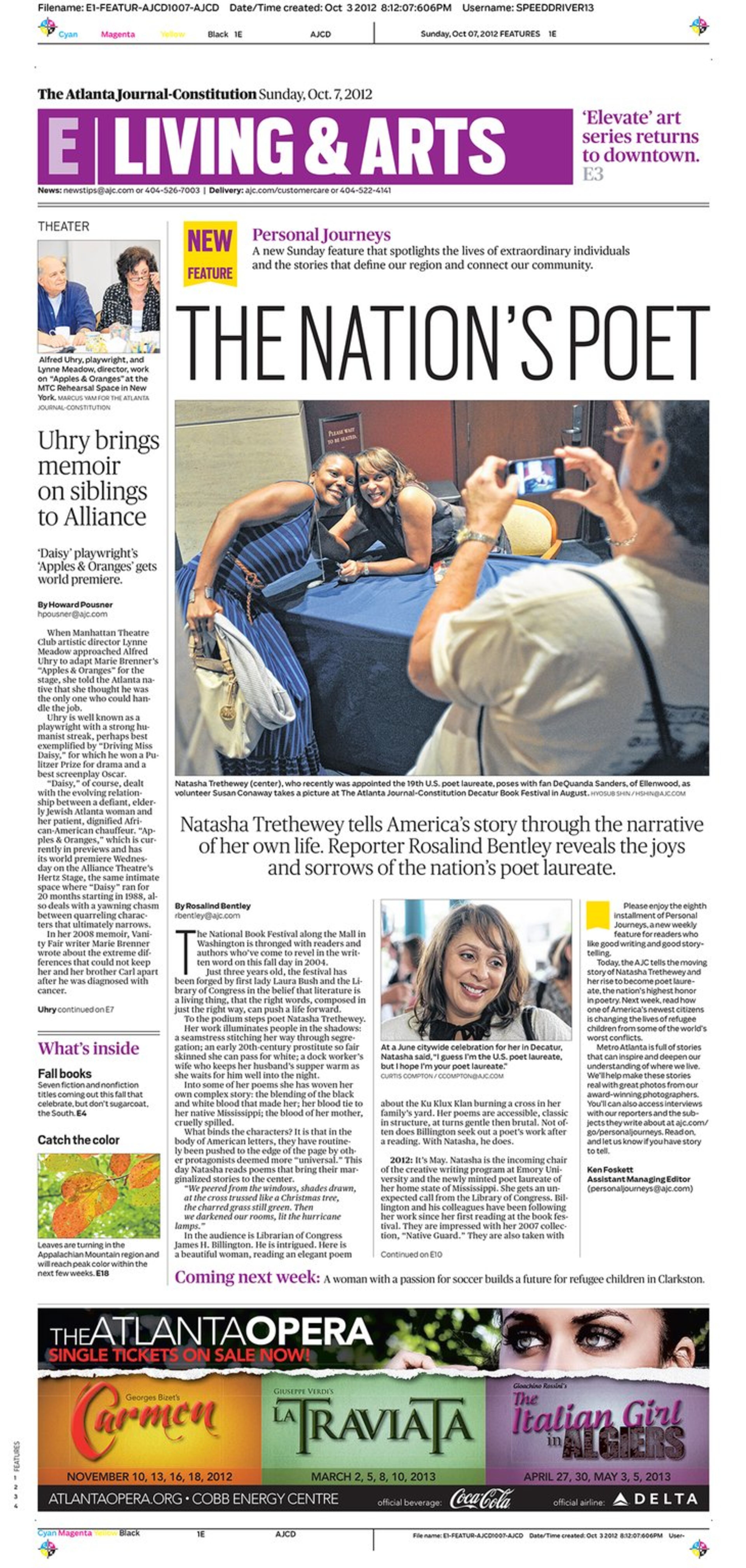 ABOUT THE STORY: Rosalind Bentley profiles U.S. Poet Laureate Natasha Trethewey, who mines poetry to explore the pain and struggle of her past. AN EXCERPT FROM 'THE NATION'S POET': "The shorthand of Natasha’s life reads like words plucked from a free verse poem: Native Mississippian. Black mother. White father. Poet father. Poet daughter. Atlanta and DeKalb public school student. 'A' student. UGA head cheerleader. Trauma survivor. Big sister. Decatur resident. Meticulous housekeeper. Proud wife. Exacting professor. Historical poet. Nobody’s pushover. She has publicly sketched the arc of her life in her poems, yet she is intensely protective of its sweetest moments."