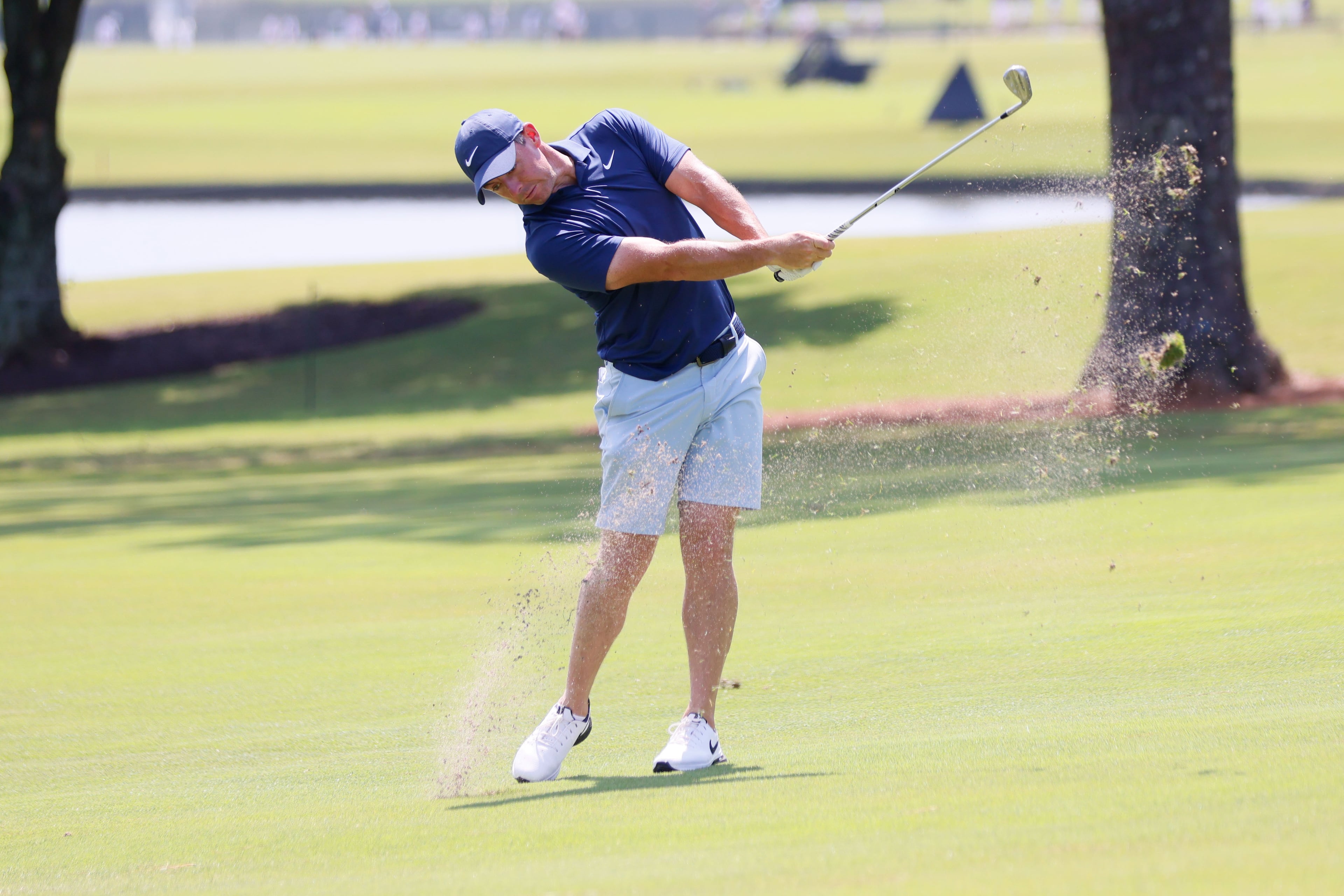 Rory McIlroy hits his second shot on the 10th fairway during a practice round for the 2024 Tour Championship at East Lake Golf Club on Tuesday, Aug. 27, 2024, in Atlanta.
(Miguel Martinez / AJC)
