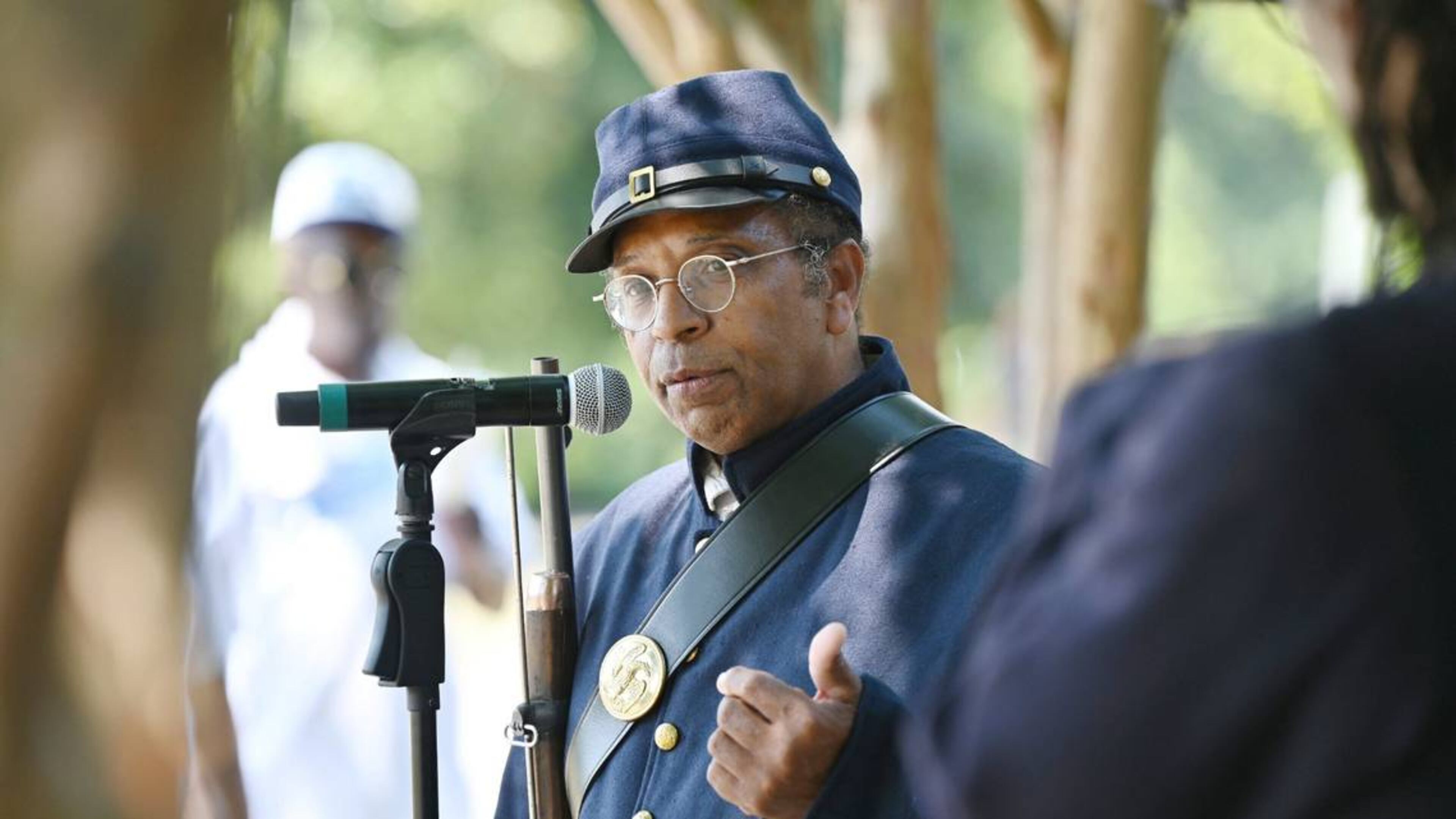 Lonnie Davis speaks during the 32nd Juneteenth Freedom Festival on Saturday, June 15, 2024, at Tattnall Square Park in Macon, Georgia. Davis does living history presentation on the Georgia African Brigade, three Black Union regiments that organized in Macon during the Civil War. (Photo Courtesy of Katie Tucker)