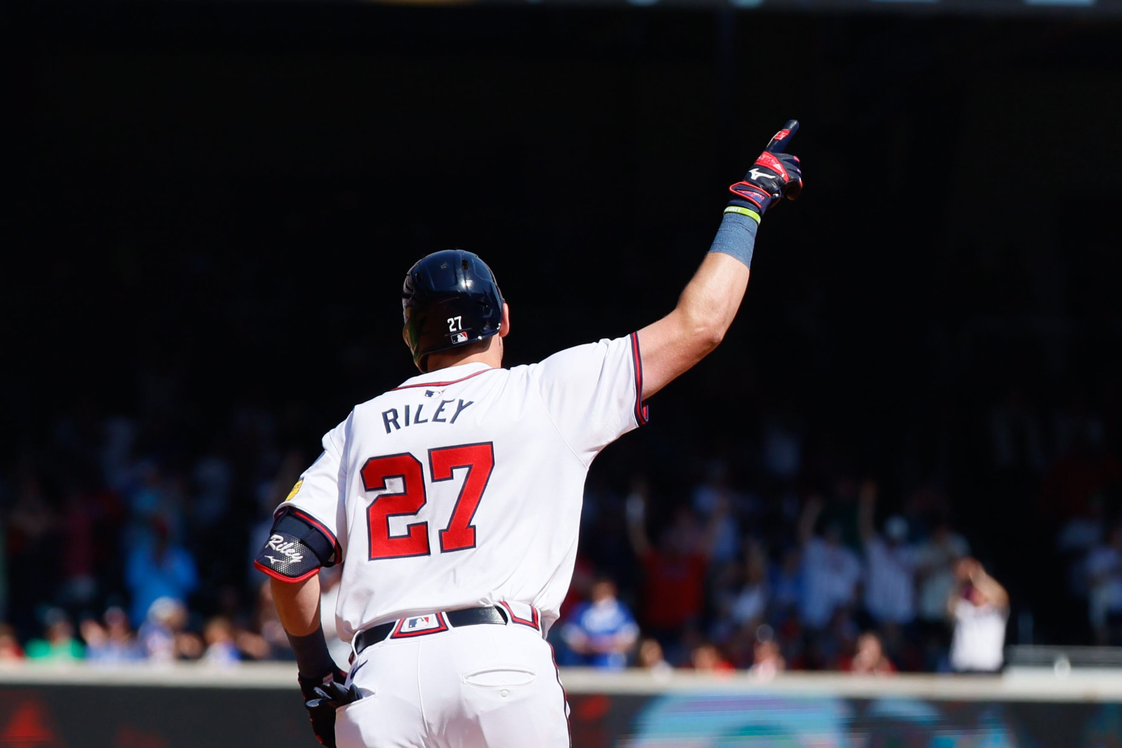 Atlanta Braves third baseman Austin Riley (27) signals the crowd after hitting a two-run home run during the eighth inning against the Arizona Diamondbacks at Truist Park on Sunday, April 7, 2024.
Miguel Martinez / miguel.martinezjimenez@ajc.com