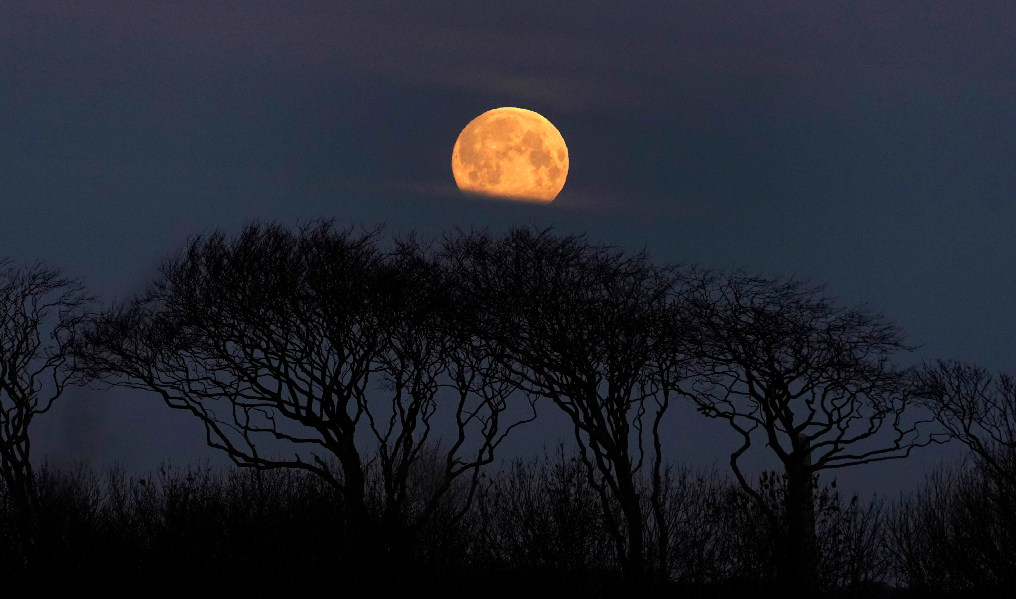 A moon sets as seen from Whitley Bay, northeast England, as the sun begins to rise, early Tuesday Feb. 19, 2019. Forecasters predict cold clear weather for the supermoon on Tuesday when the celestial object will appear larger in the sky because of its proximity to earth. (Owen Humphreys/PA via AP)