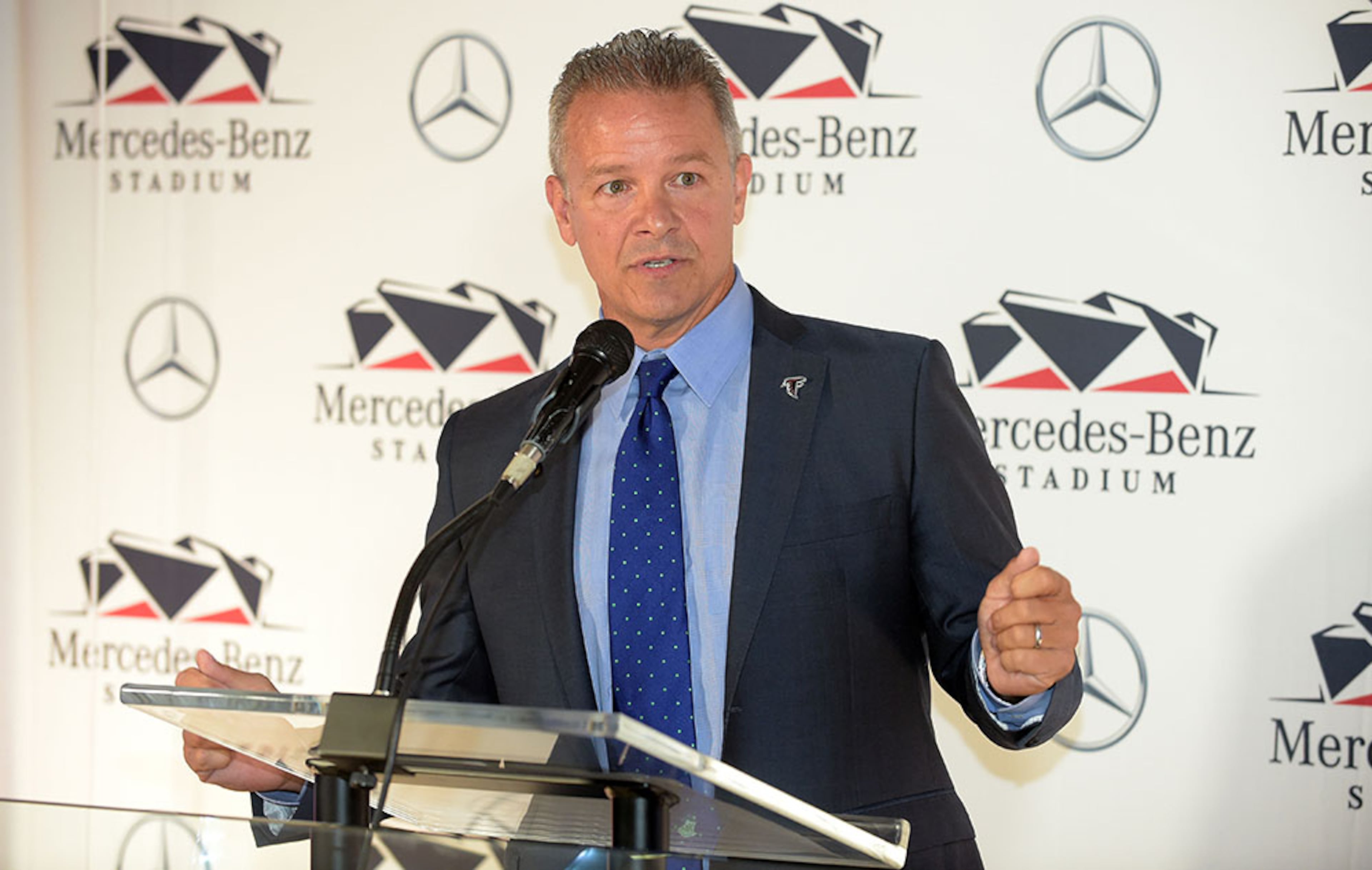 Stephen Cannon, president and CEO of Mercedes-Benz USA, addresses the deal for the naming rights for the new Falcons stadium, Monday, Aug. 24, 2015. The financial terms of the deal - which runs for 27 years - were not disclosed. Cannon and the team, however, detailed how the Mercedes-Benz brand will be prominent in the new facility - from the name on the building and roof to signage through public areas and the halo board.