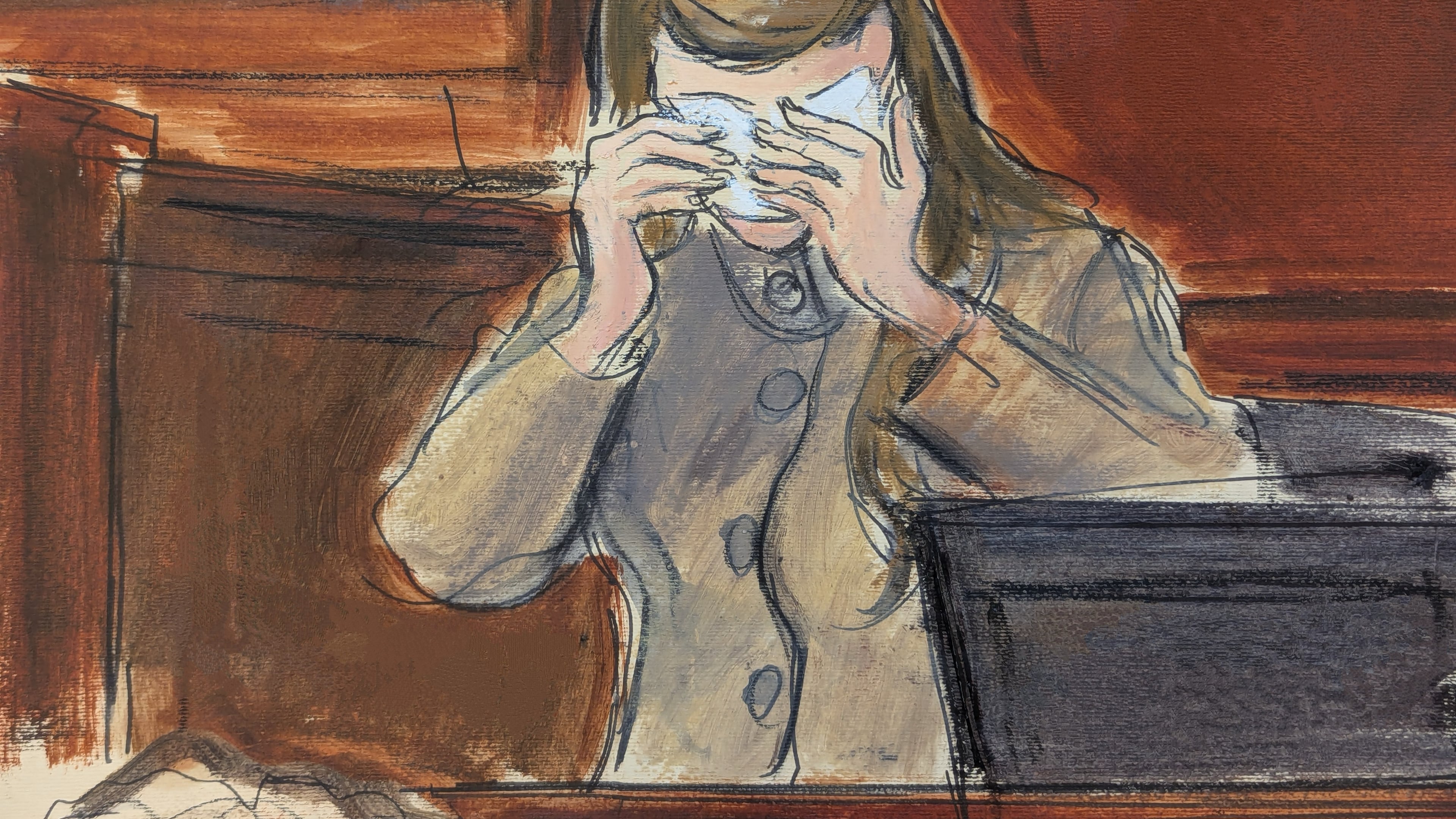 In this courtroom sketch, a witness, testifying under the pseudonym "Katie Moore," cries on the witness stand in Manhattan federal court on the first day of the sex trafficking trial of Alon Alexander, Oren Alexander and Tal Alexander, Tuesday, Jan. 27, 2026, in New York. (Elizabeth Williams via AP)