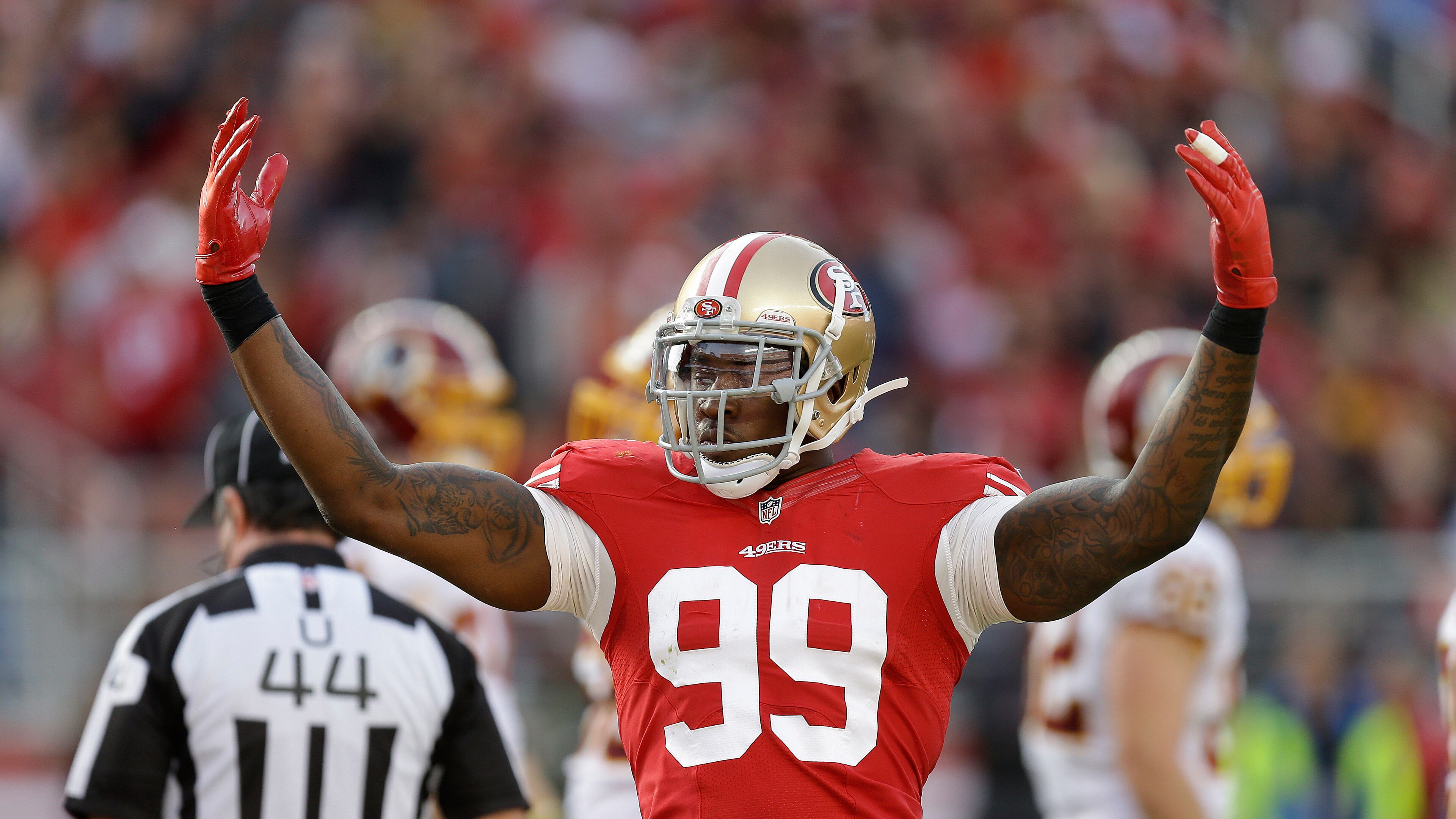 The Falcons aren't completely closing the door to former San Francisco pass rusher Aldon Smith but he likely will be suspended again by the NFL. (AP photo)