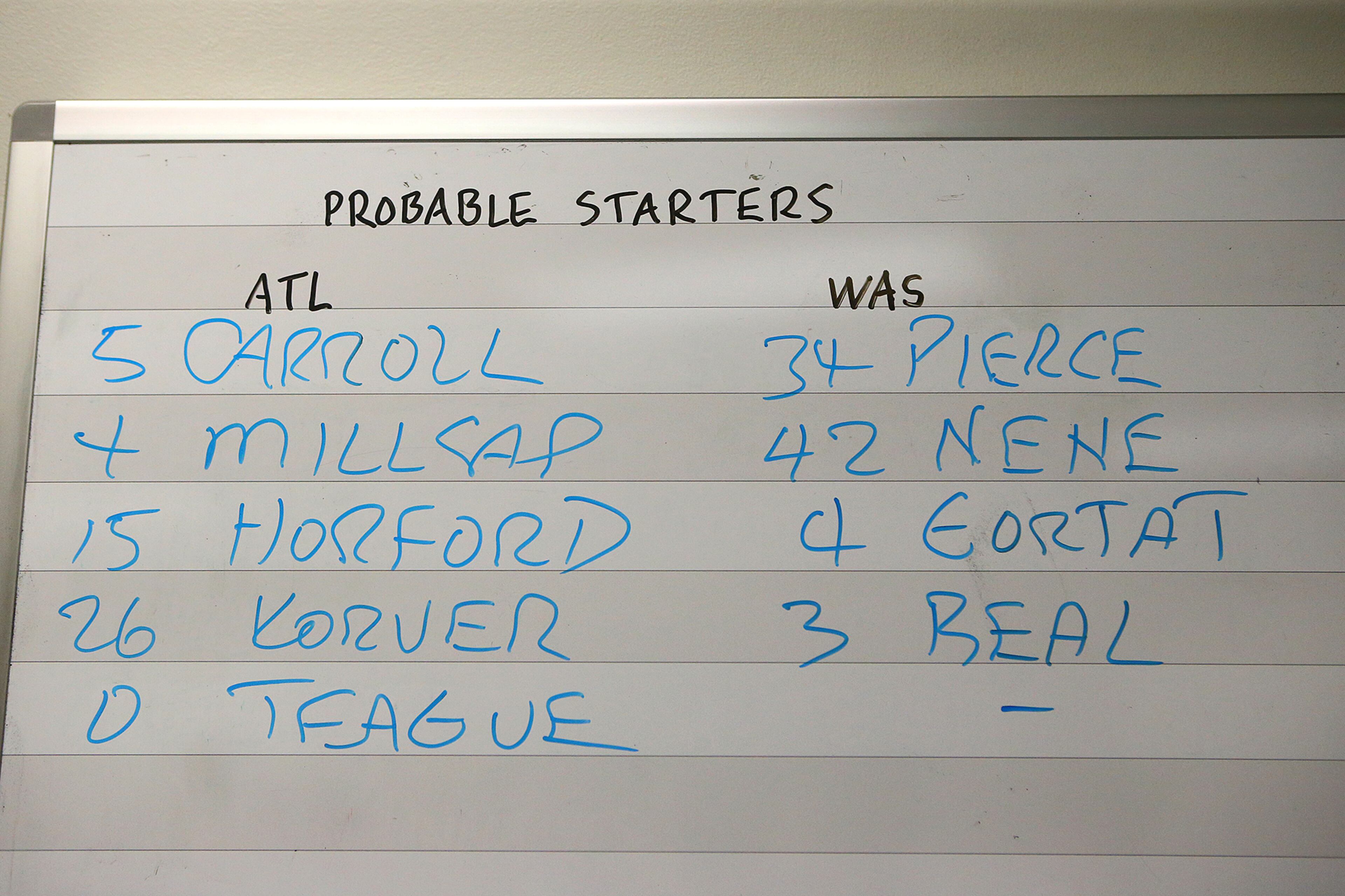 The probable starters for the Washingon is only a dash leaving the question open if Wizards John Wall will play in the Eastern Conference Semifinals game 5 against the Hawks on Tuesday, May 13, 2015, in Atlanta. Curtis Compton / ccompton@ajc.com