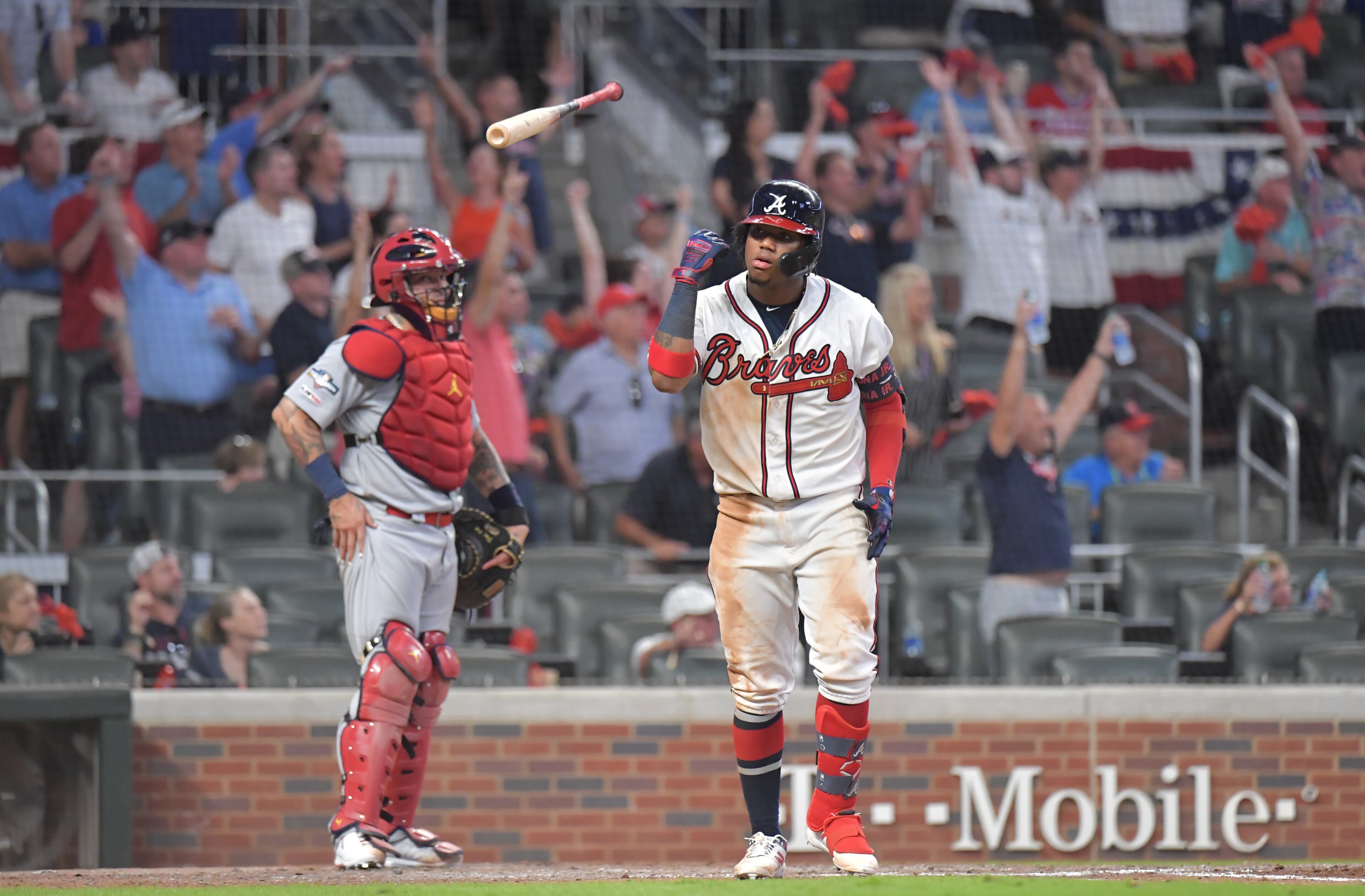 Braves center fielder Ronald Acuna Jr. (13) hits a two-run home run. (Hyosub Shin / Hyosub.Shin@ajc.com)
