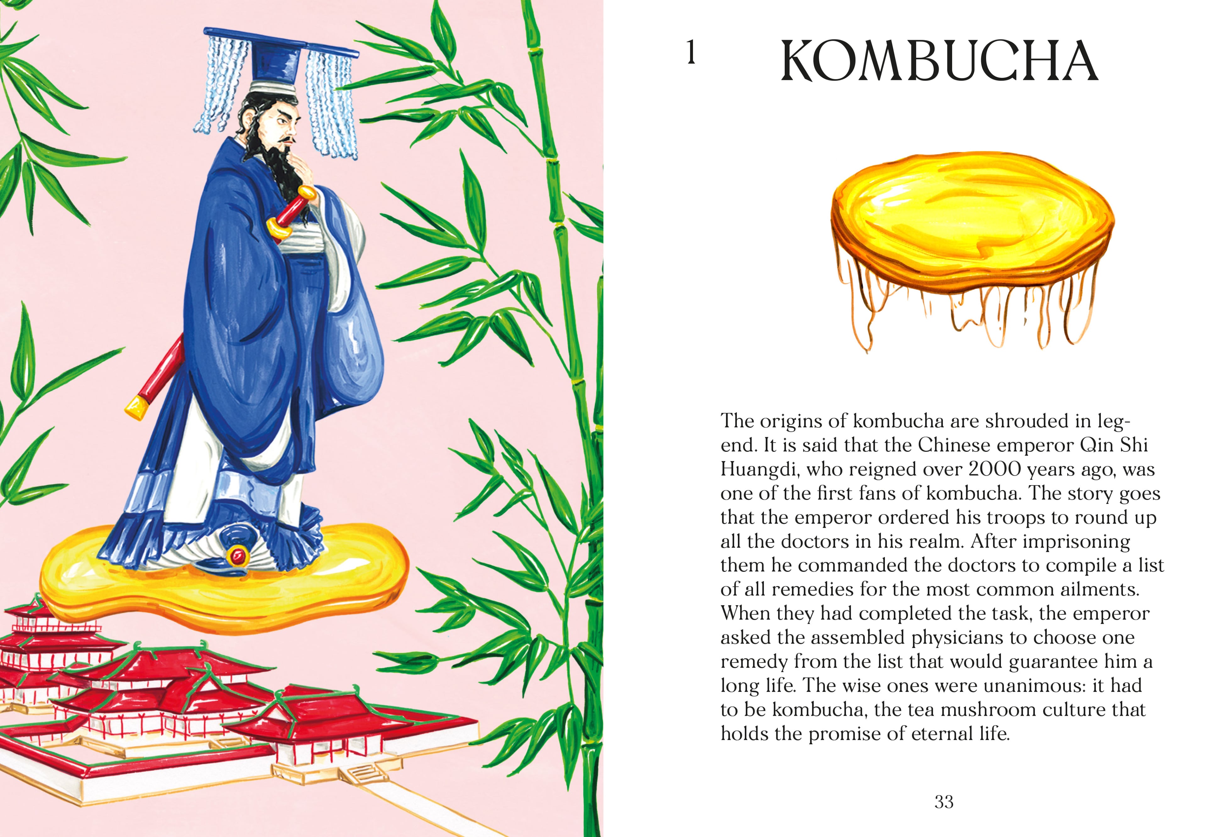 More than 30 recipes are vibrantly illustrated in Fizz, including this one of a Chinese emperor riding on a scoby.
