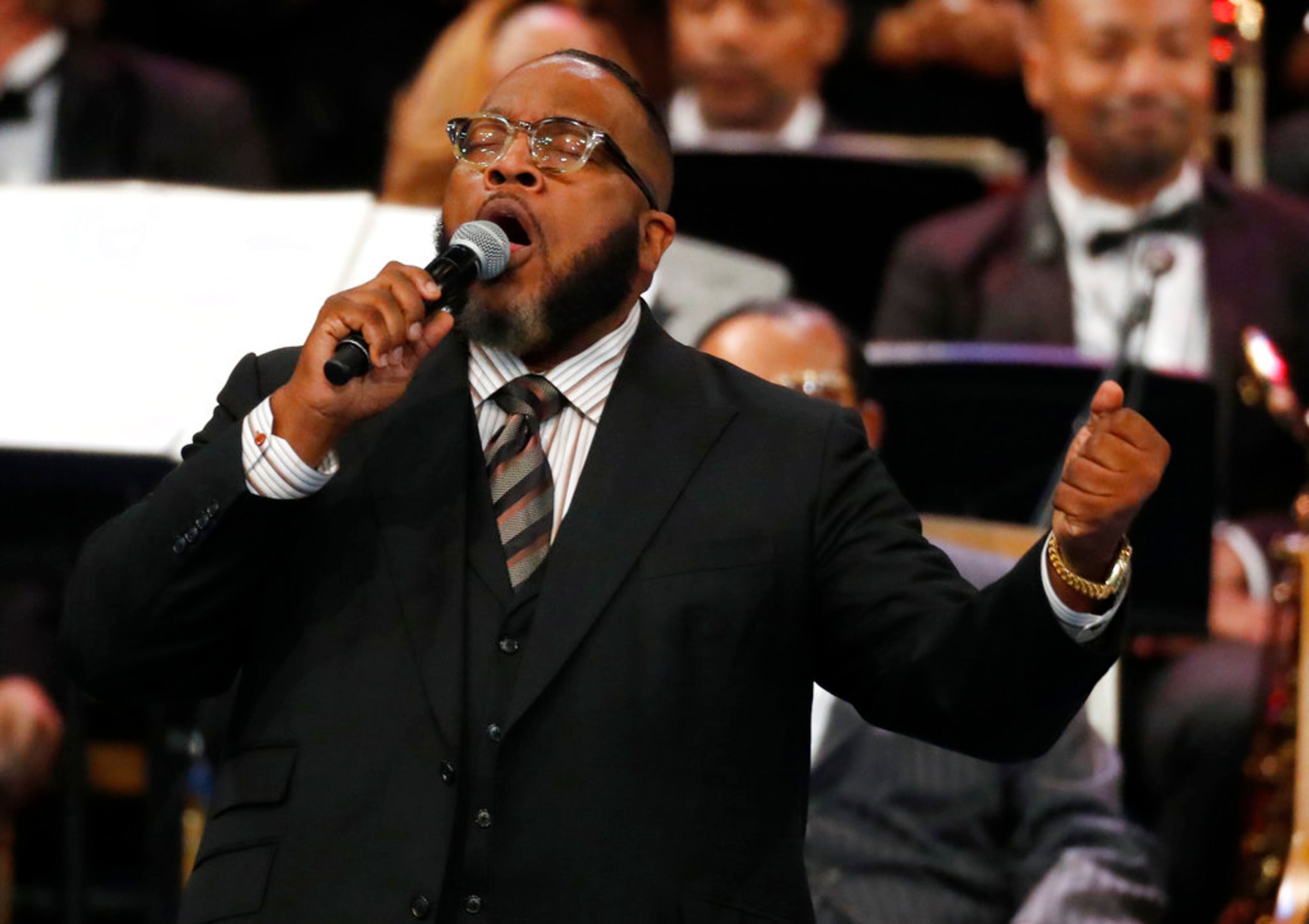 Bishop Marvin Sapp performs during the funeral service for Aretha Franklin at Greater Grace Temple, Friday, Aug. 31, 2018, in Detroit. Franklin died Aug. 16, 2018 of pancreatic cancer at the age of 76. (AP Photo/Paul Sancya)