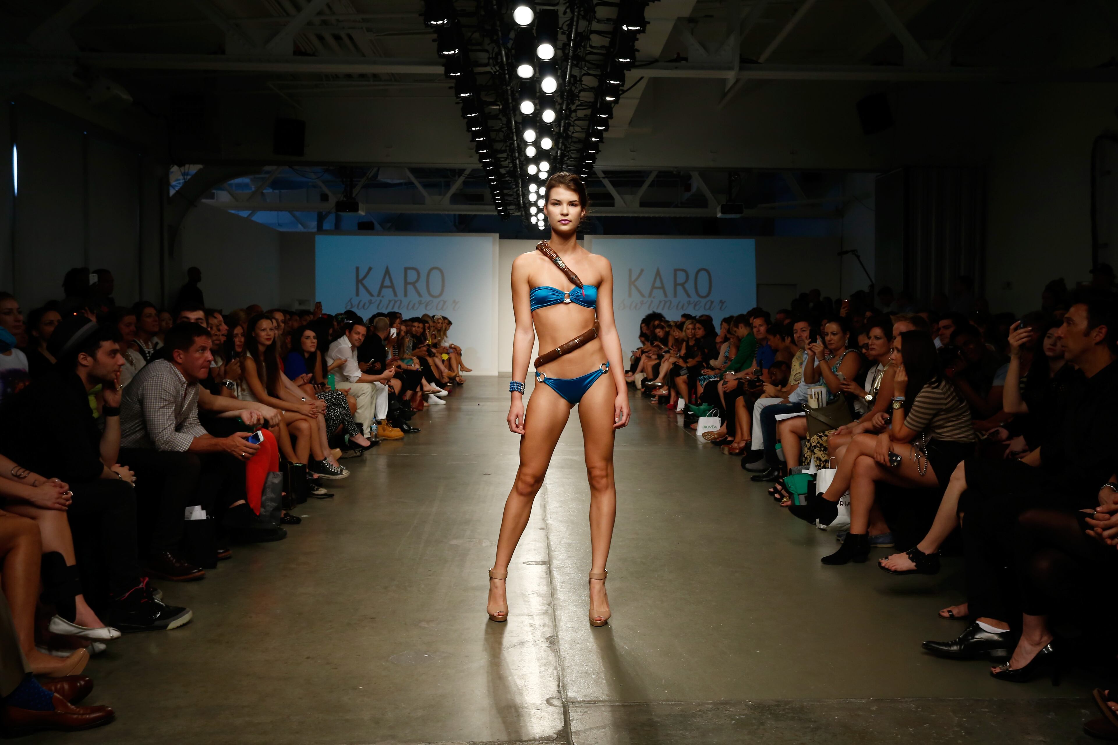 A model walks the runway at the Karo Swimwear show during Nolcha Fashion Week New York Spring/Summer 2014 presented by RUSK at Pier 59 Studios on Sept. 11, 2013, in New York City.