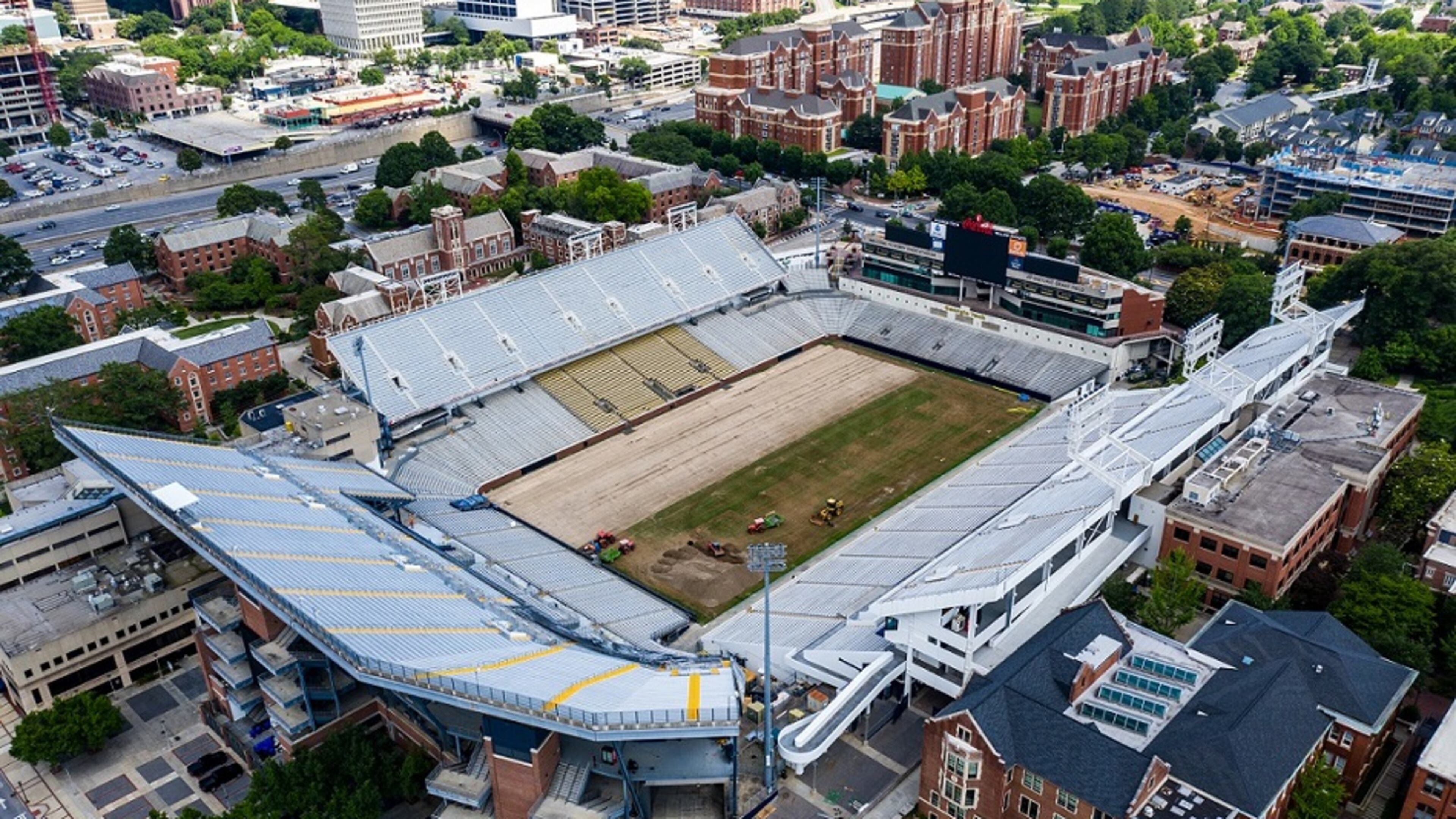 Work began in late May 2020 on changing the playing surface at Georgia Tech's Bobby Dodd Stadium from natural grass to artificial turf. The new surface on Grant Field is expected to be ready for the start of Tech's football season Sept. 3. (Georgia Tech Athletics/Danny Karnik)