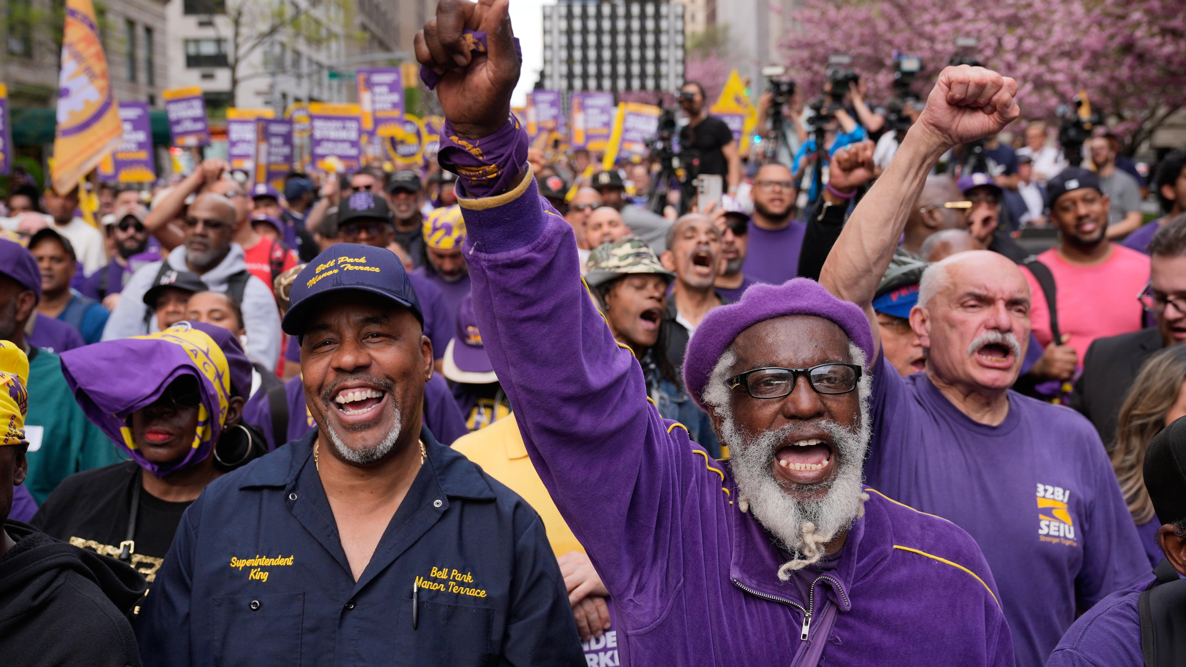 Members of the 32BJ SEIU union and their supporters rally on Park Avenue, in New York, Wednesday, April 15, 2026. (AP Photo/Seth Wenig)