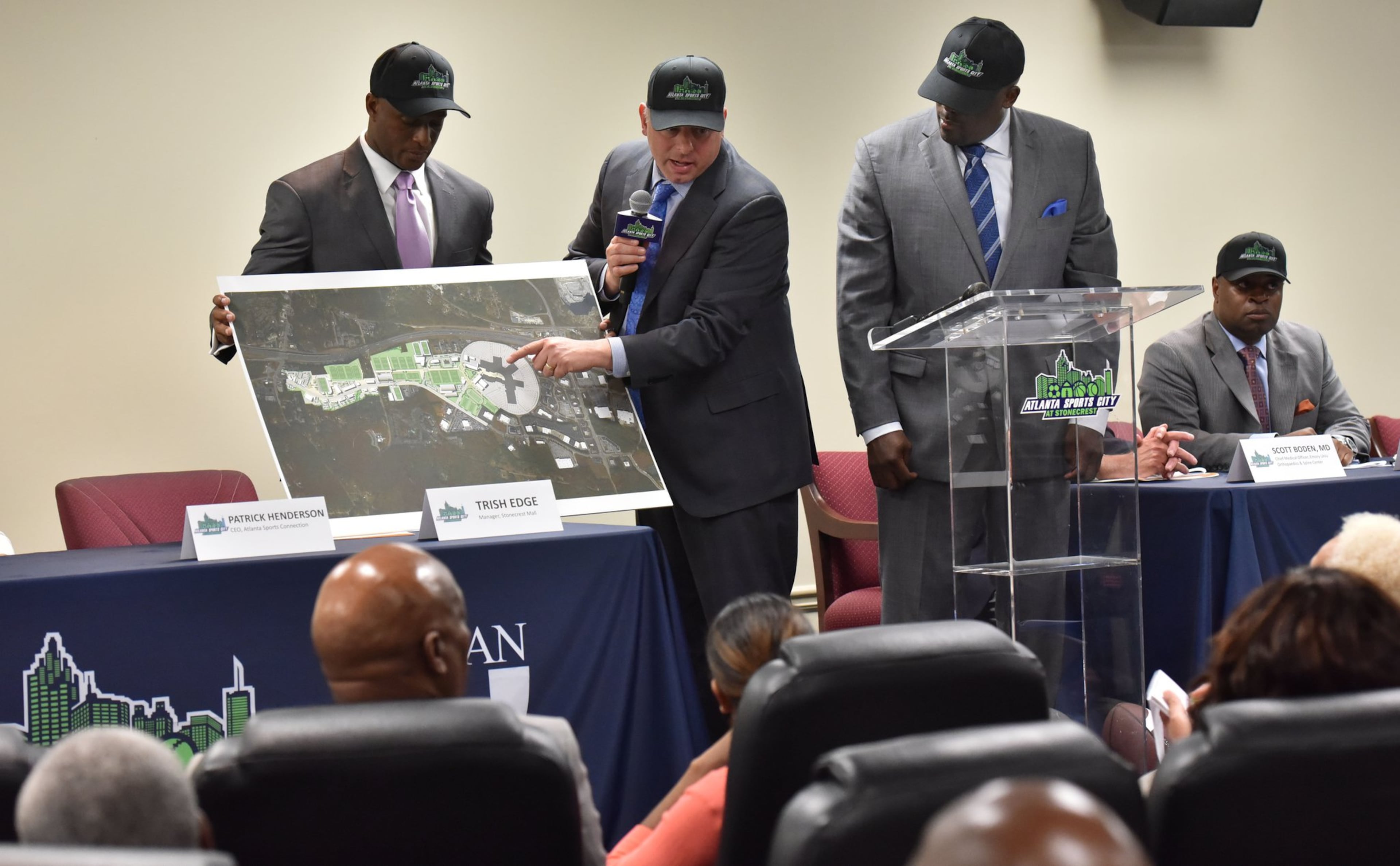 Urban Retail Properties executives explained aspects of their proposed project called Atlanta Sports City during a news conference on May 17, 2017. (Hyosub Shin/AJC)