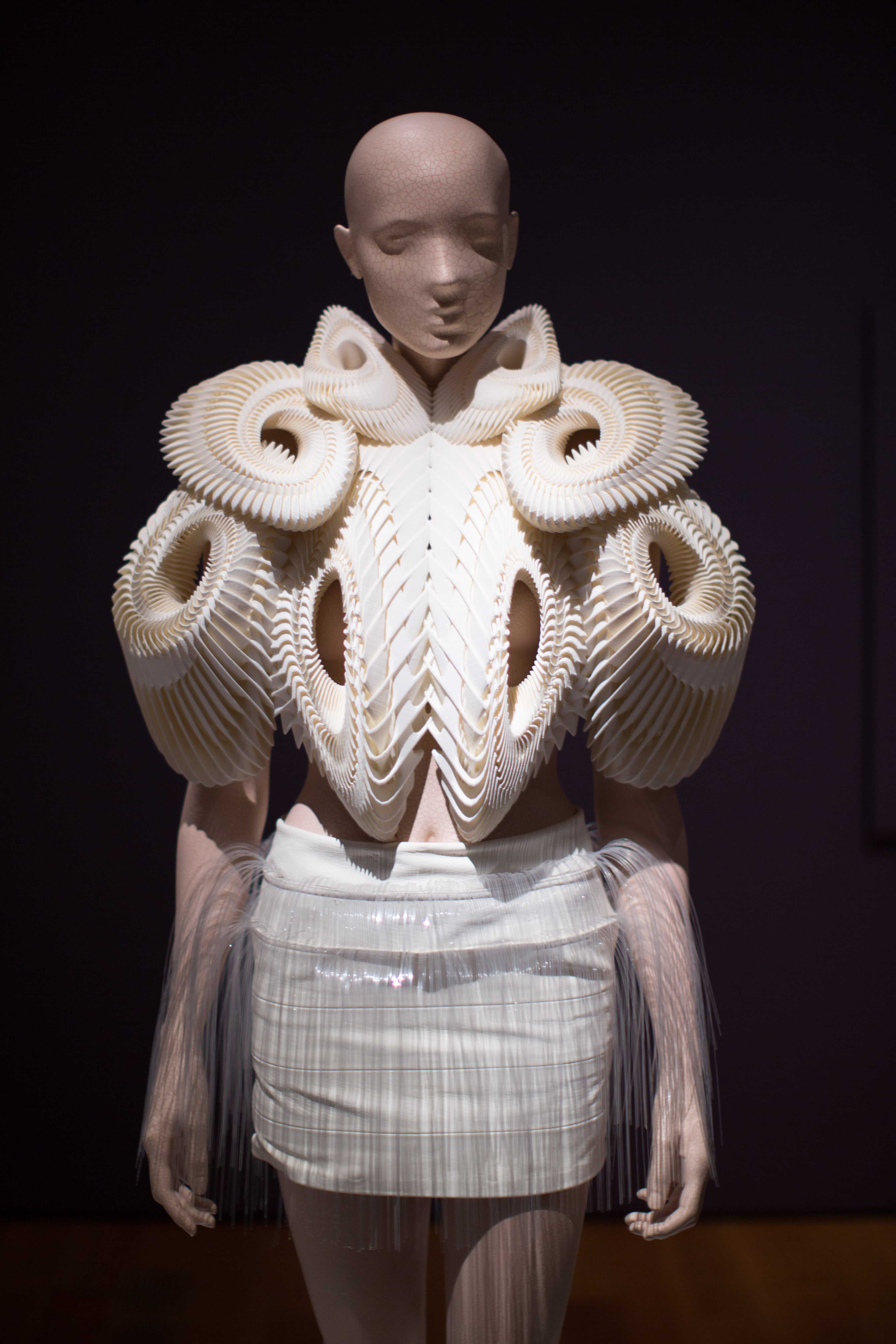 A 3D-printed top and skirt from the Crystallization collection by designer Iris van Herpen is displayed at the High Museum's new exhibit, "Iris van Herpen: Transforming Fashion," Thursday, Nov. 5, 2015, in Atlanta. The exhibit, running through May 15, shows the evolution of van Herpen's design from collections created from 2008 through 2015. Van Herpen is known for creating high-tech fabrics and fashions that combine materials like steel and silk with everyday objects like magnets and umbrella parts. (AP Photo/Branden Camp)