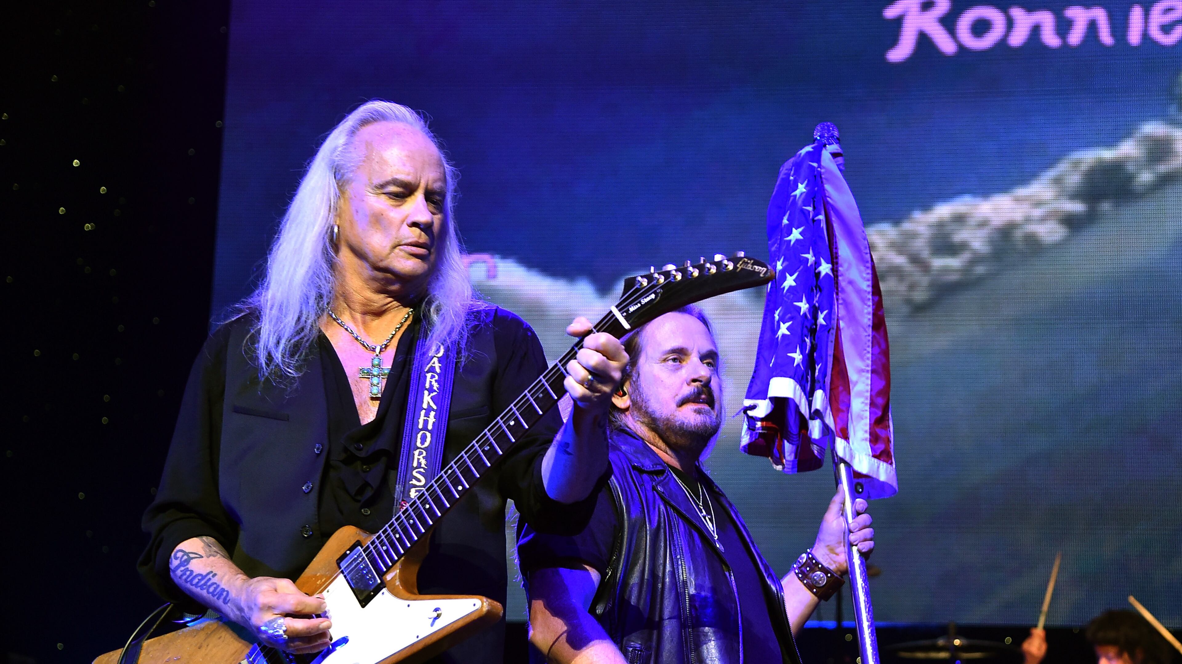 ATLANTA, GA - NOVEMBER 12: Rickey Medlocke and Johnny Van Zant of Lynyrd Skynyrd perform onstage at One More For The Fans! - Celebrating the Songs & Music of Lynyrd Skynyrd at The Fox Theatre on November 12, 2014 in Atlanta, Georgia. (Photo by Mike Coppola/Getty Images for Blackbird Productions) Rickey Medlocke and Johnny Van Zant crank up the "Free Bird" at the Lynyrd Skynyrd tribute show at the Fox Theatre in November. Photo: Getty Images/Blackbird Productions