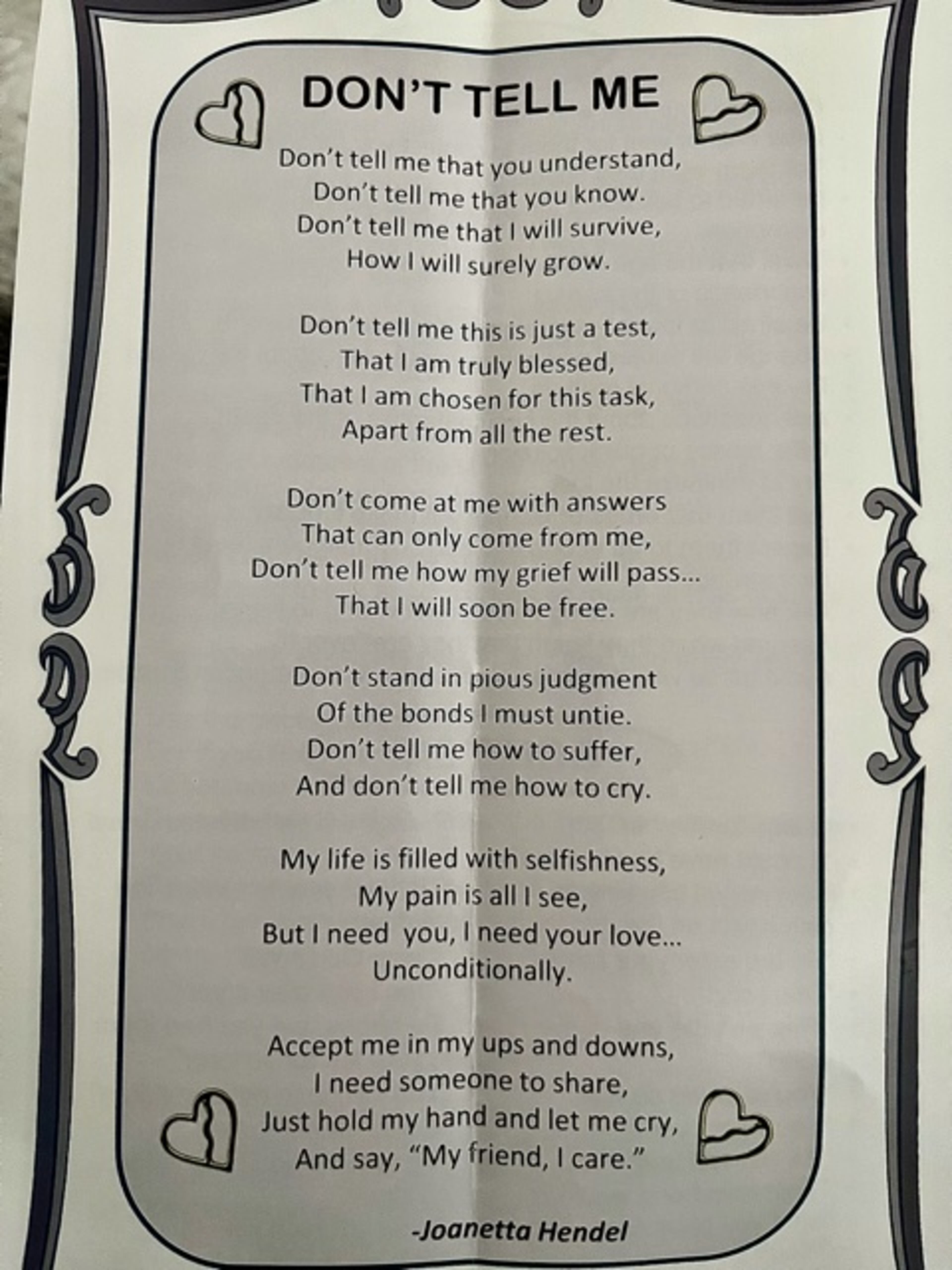 This poem was sent to Abby Duval by the American Foundation for Suicide Prevention.
Courtesy of Abby Duvall