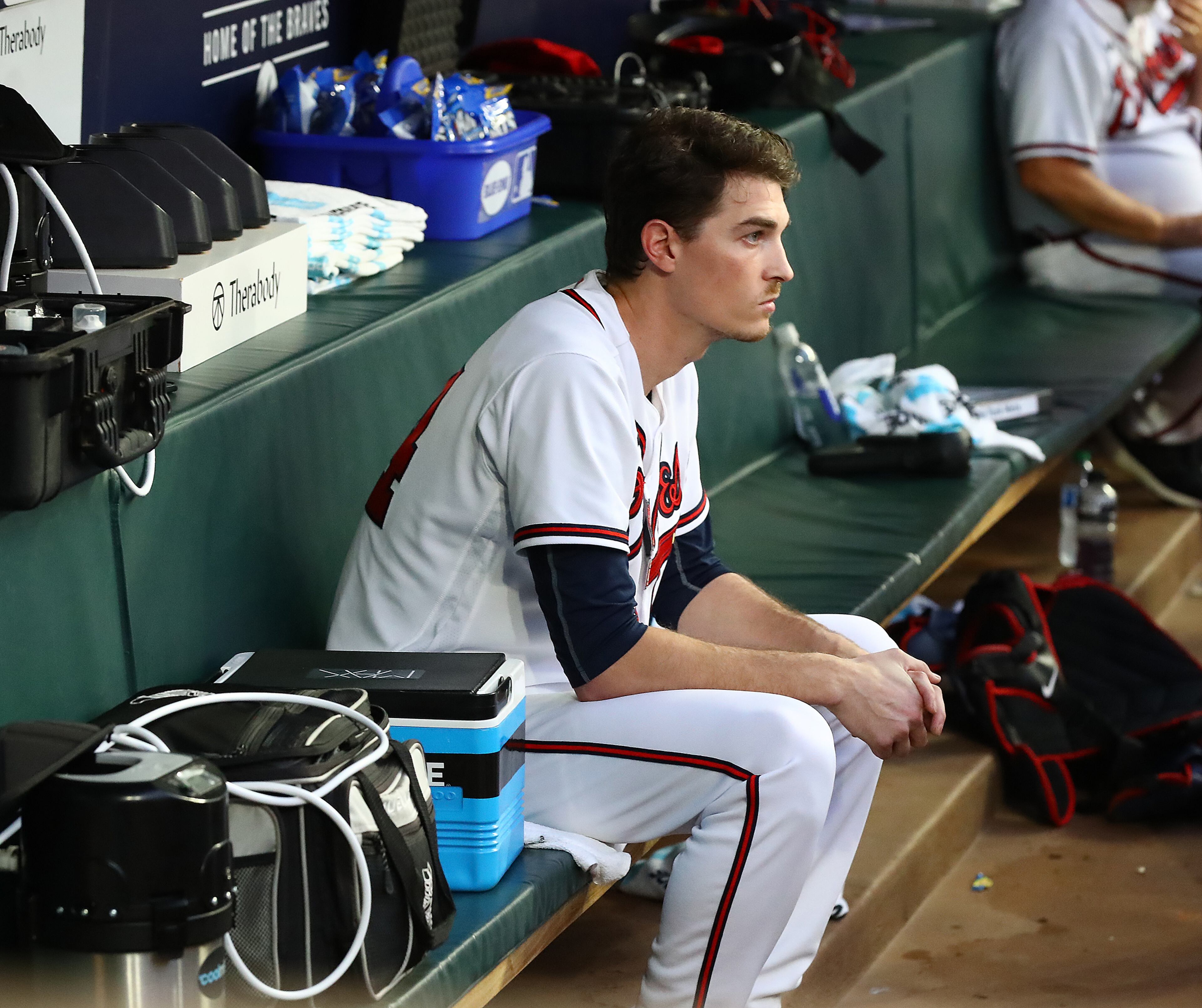 Braves starting pitcher Max Fried gathers his thoughts in the dugout while his team stakes him to a 2-run lead over the New York Mets during the third inning in a MLB baseball game on Thursday, August 18, 2022, in Atlanta. “Curtis Compton / Curtis Compton@ajc.com